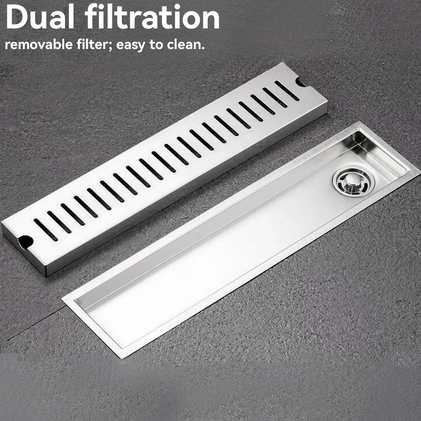 Tissting Desagüe de Ducha, 40cm Trampa para El Cabello Sumidero | Acero Inoxidable con Filtración Doble Sumidero Ducha Sifón y Filtro Desague Ducha para Baño,Cocina y Balcón(Side Drainage)