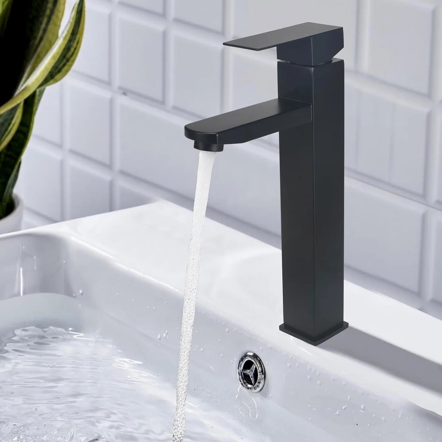Grifo Lavabo Alto Grifo Baño Grifo Monomando Lavabo con Altura de Salida de 215 MM Grifo Lavabo Negro Acero Inoxidable con Cartuchos Cerámicos para Agua Caliente y Fría Negro