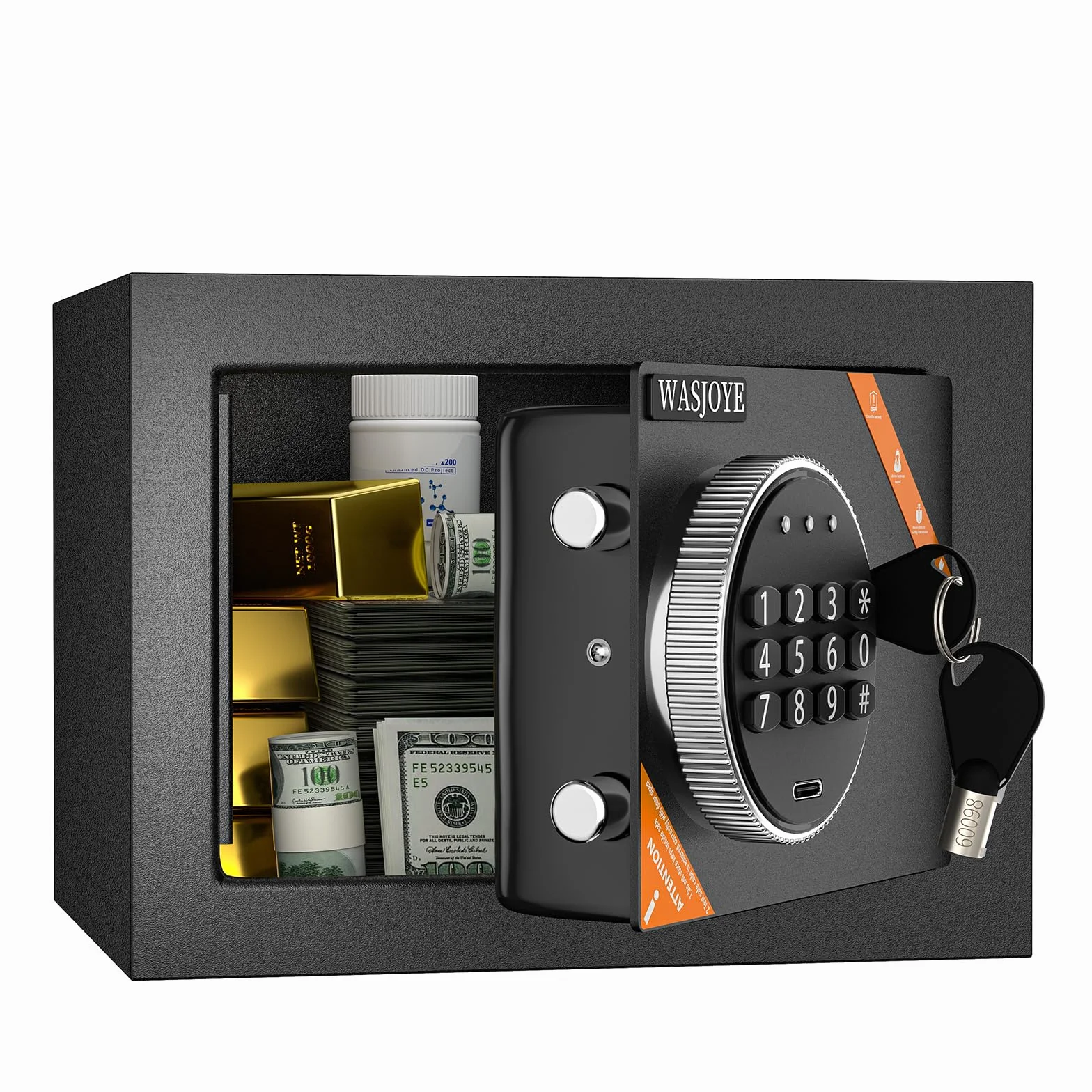 WASJOYE Mini Caja Fuerte - Caja de Seguridad para Niños con Teclado Digital y Cerradura de Llave de Seguridad - Pequeña Caja Fuerte para el Hogar, Negocios, Oficinas, Dinero, Joyas, Pasaportes, 6.6L