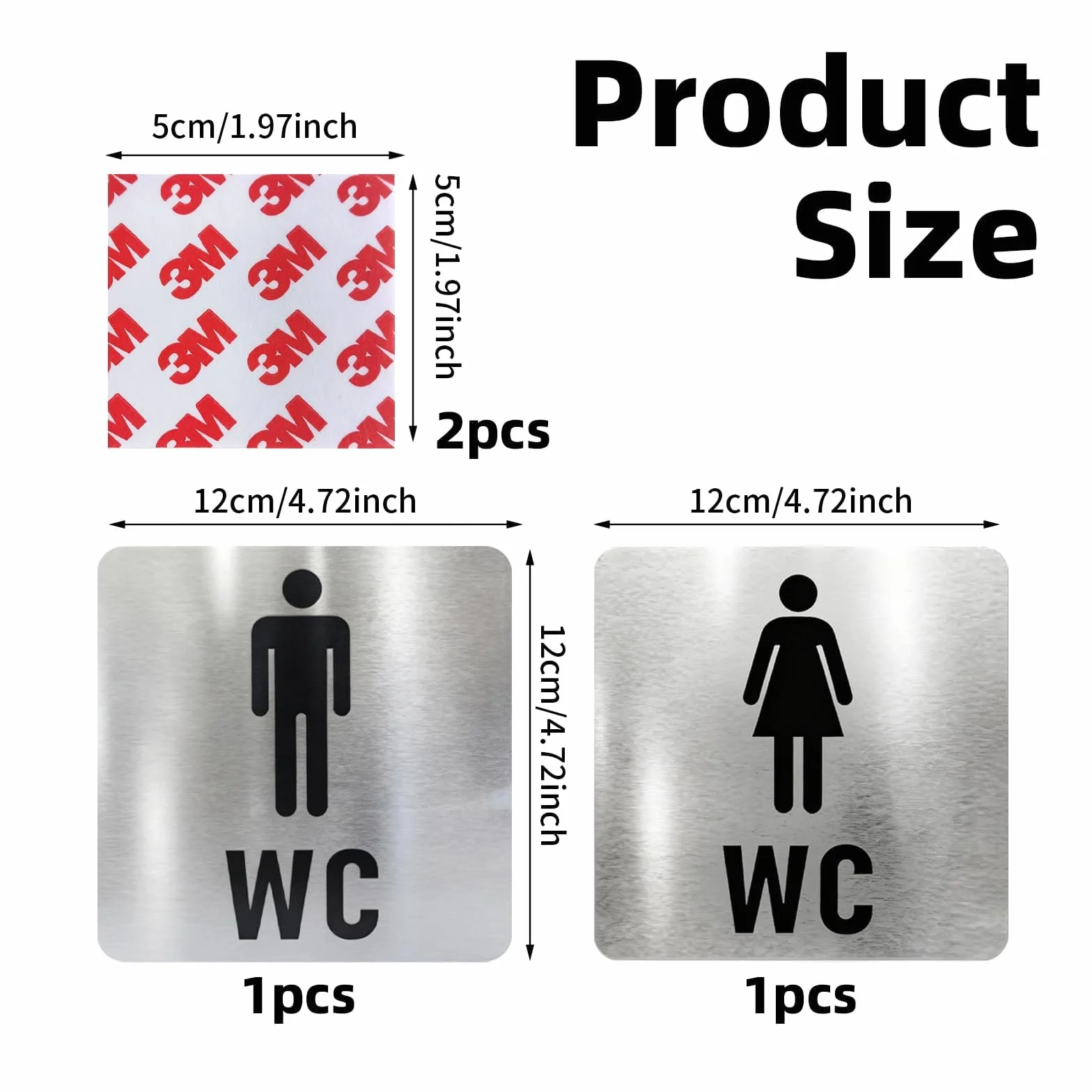 2pcs Simbolos Baño, Placas Cartel WC Acero Inoxidable 12x12 cm – Juego de Carteles Baño Mujer y Hombre – Señalización Resistente con 2 Adhesivos Fuertes 50x50 mm – Instalación Sencilla