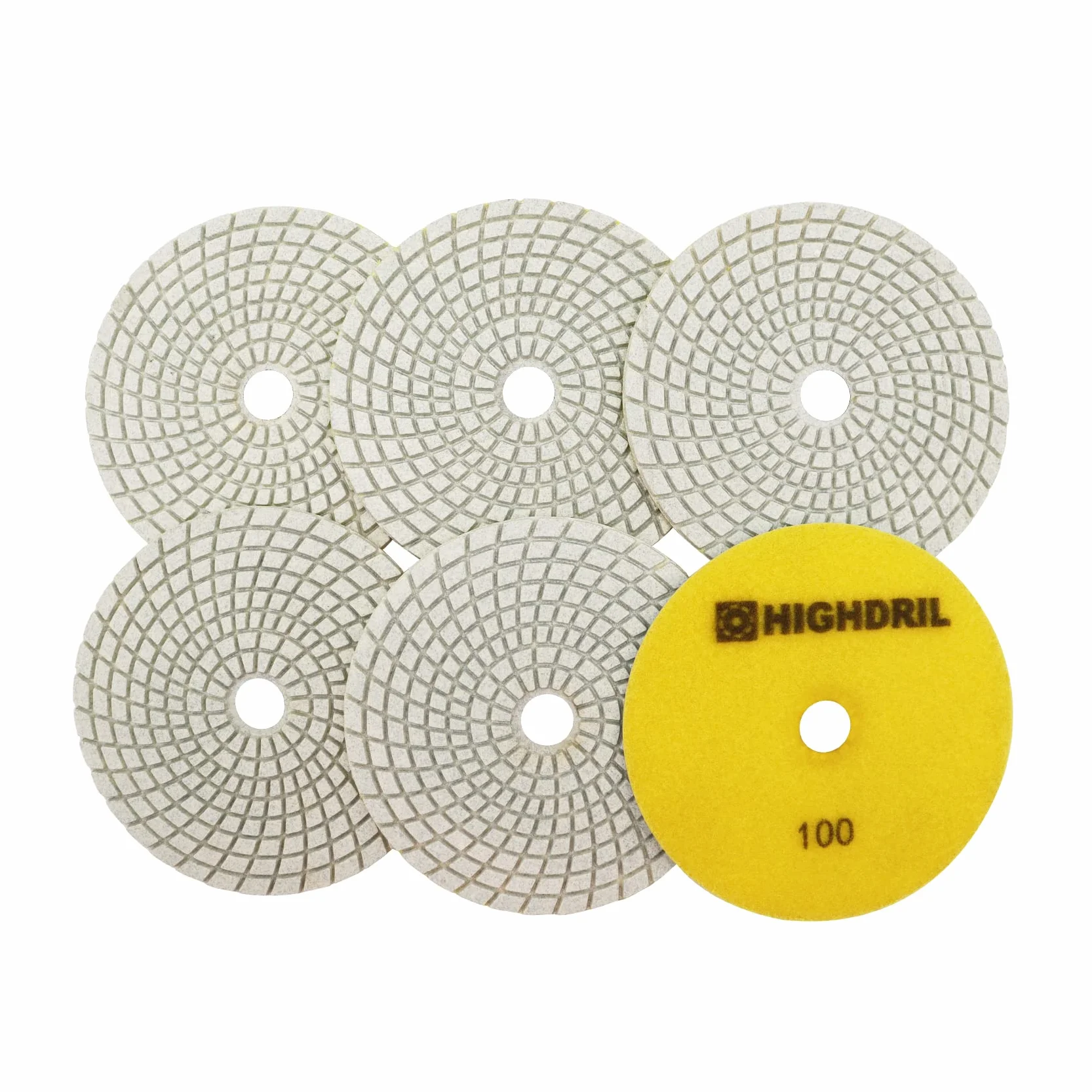 HIGHDRIL Almohadillas Pulido Diamante Húmedas - 6piezas #100 Almohadillas Lijado 125mm para Granito Piedra Mármol Suelo Grinder Pulir Almohadilla Kit para Taladro, Amoladora, Pulidora