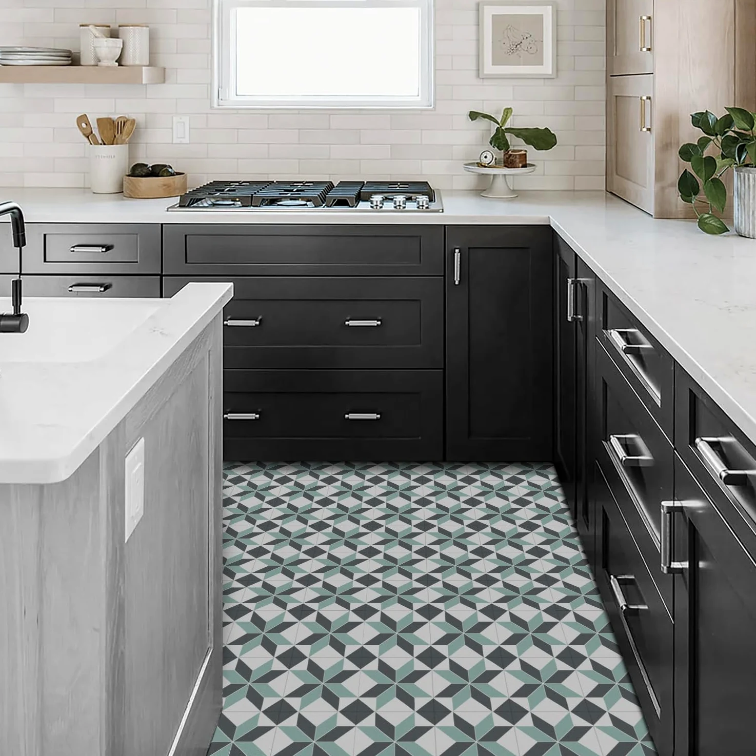Alwayspon 12 x láminas adhesivas impermeables de vinilo, 30 x 30 cm, negro, blanco y verde, para cocina, salón y baño, PTF88