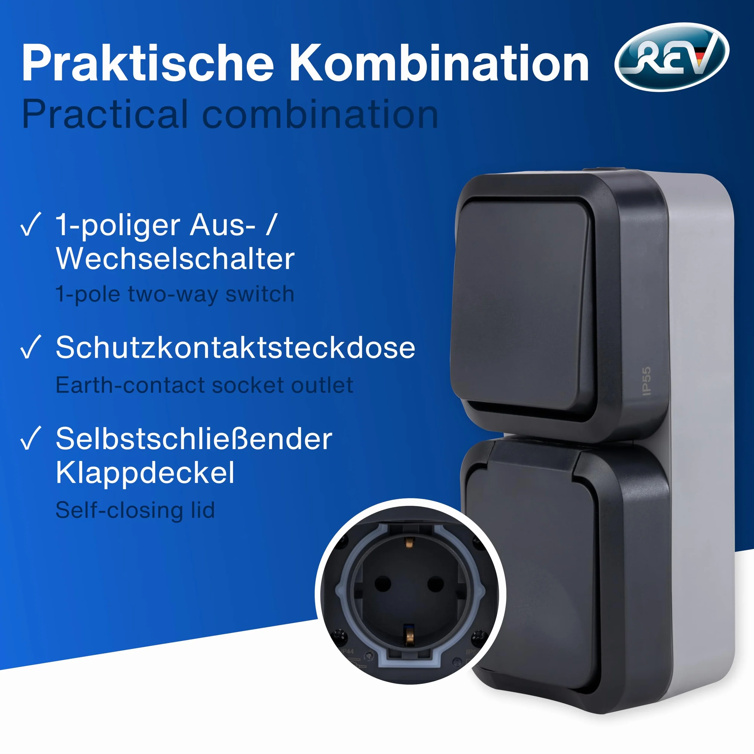 REV 0004860400 AquaStorm Socket - Interruptor A/W Combi, IP55, montaje en superficie, vertical, antracita
