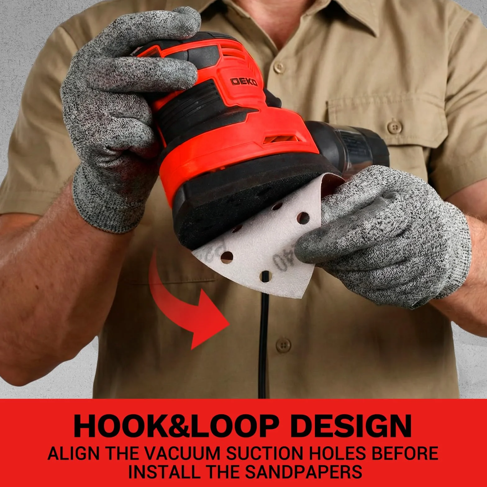 DEKOPRO Lijadora Electrica de 180W, Herramienta de Lijadora Orbital, 13000 RPM, con 15 Hojas de Papel de Lija - Lijado y Pulido de la Eliminación de la Madera, Rojo