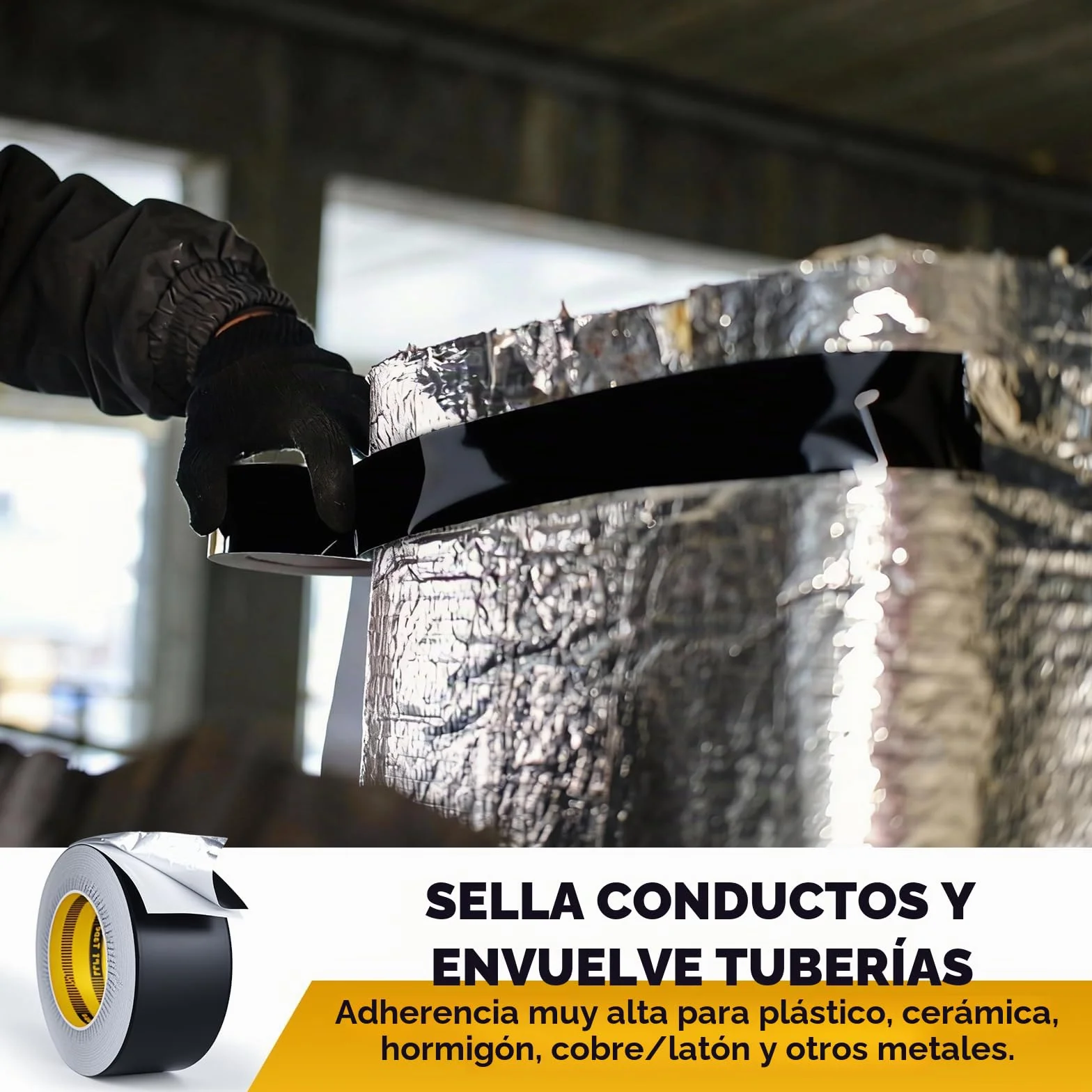 LLPT Cinta de Aluminio | Negro | 5cm x 20m | Adhesivo de Alta Temperatura | Trabajo Pesado Sellado de HVAC Cinta | para Conductos de Aire Frío y Caliente para Reparación de Tuberías de Metal (BF065)