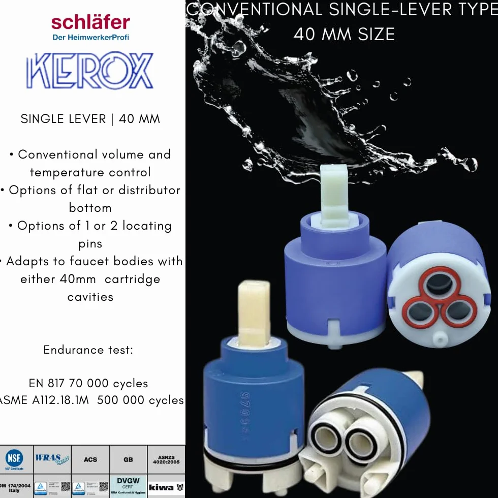 Schläfer 480061 | Cartucho mezclador de 40 mm, cartucho de repuesto para mezcladores de cerámica alta de 2 patas para grifos mezcladores de cocina, baño, ducha y bañera, modelo Kerox K40-B