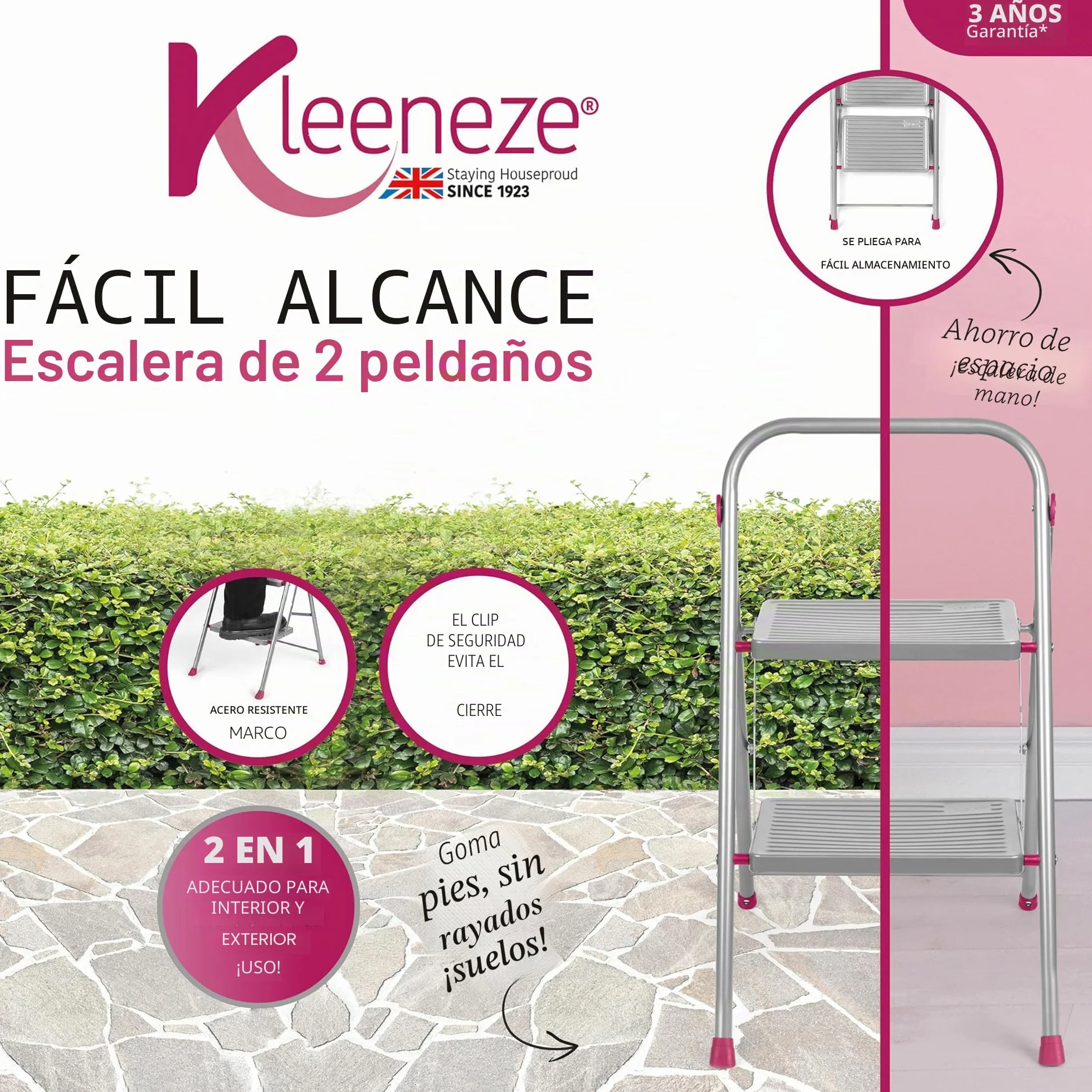 Kleeneze KL068491EU Escalera Plegable con 2 Peldaños, Fácil De Plegar, Gancho De Seguridad, Antiadherrente, Color Rosa/Gris, 80 cm