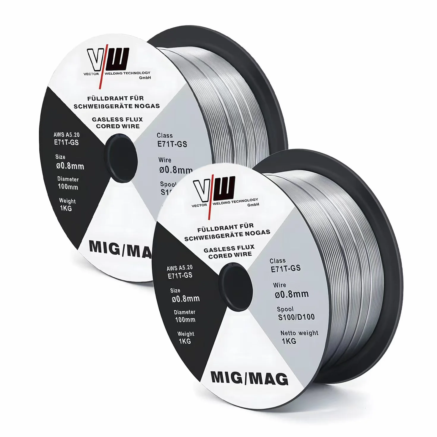 VECTOR WELDING Alambre de Soldadura D100/S100 MIG MAG de 1 kg, E71T-GS Hilo de Soldar sin Gas, 0,8 mm, 2 Unidades, Uso universal