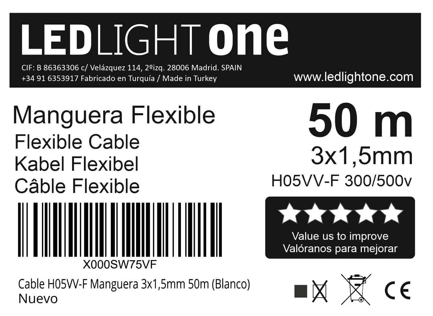 Cable H05VV-F Manguera 3x1,5mm 50m (Blanco) Tensión de servicio: 500v Temperatura máxima de trabajo 70º.Cables para instalaciones fijas y móviles en locales domésticos y oficinas.