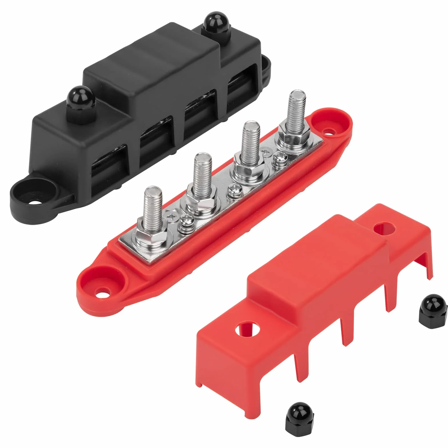 QIMEI-SHOP Bloques de Distribución de Energía 12V-48V Caja de Distribución de Barra Colectora 250A BusBar con 4 Pernos de Terminal M8 para Automóvile Barco Rojo Negro 2 Piezas