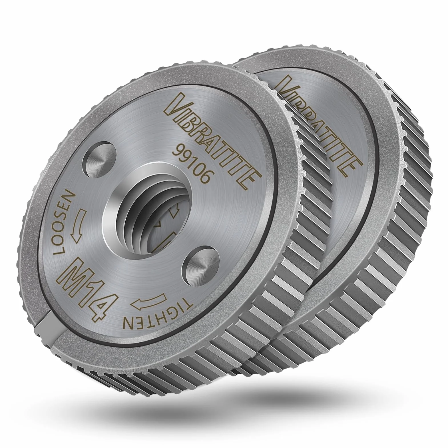 VIBRATITE 2 tuercas de sujeción rápida M14, tuerca de sujeción para todas las amoladoras angulares de AEG, Black & Decker, Dewalt, Flex, Hitachi, Metabo, Makita, etc., color plateado