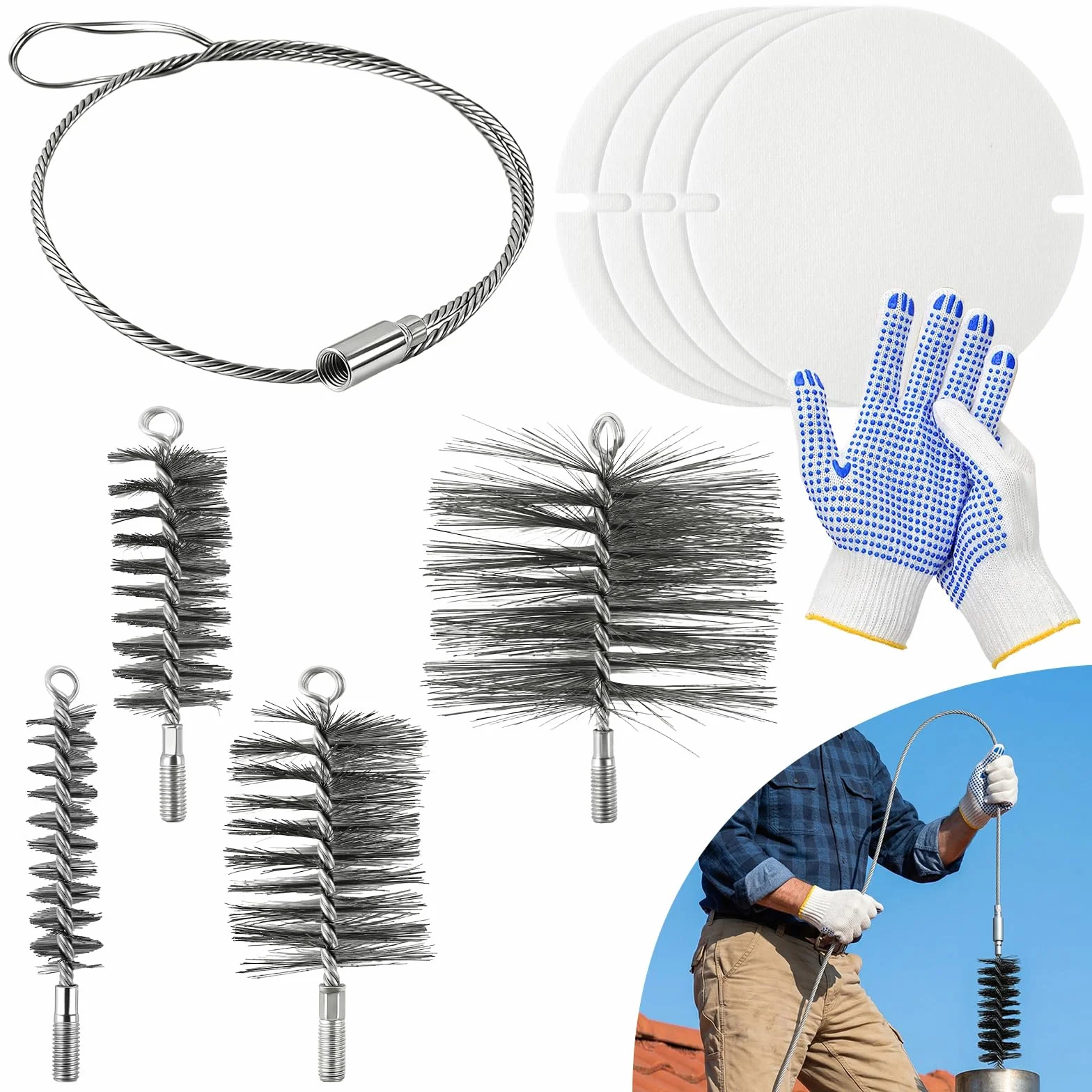 Juego de 7 deshollinador de chimeneas, cepillos de acero inoxidable para limpieza de conductos, para conductos de humos, incluye cepillos para chimeneas en los tamaños 30 mm, 50 mm, 80 mm y 150 mm