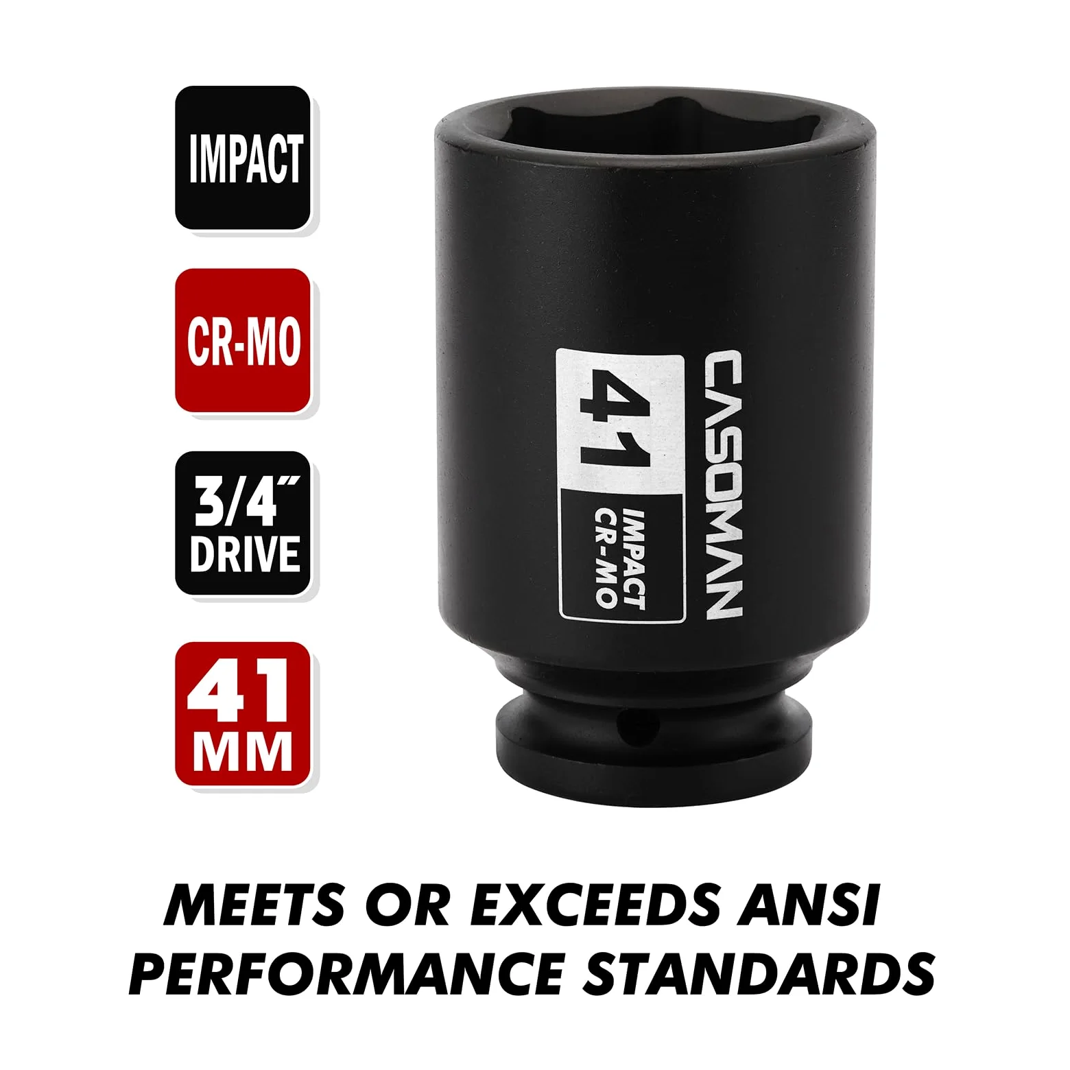 CASOMAN Enchufe de impacto profundo de 3/4 pulgadas, 41 mm, vaso de impacto jumbo, métrico, 6 puntos, CR-MO, acabado de fosfato negro