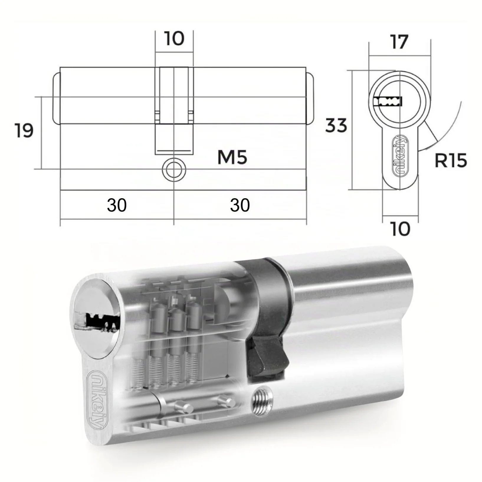 Juego de 2 cilindros para cerraduras de 30/30 mm con llave única, cilindros de doble cerradura, 4 tornillos, 10 llaves incluidas, montaje fácil, llave universal para todos los cilindros, longitud 60