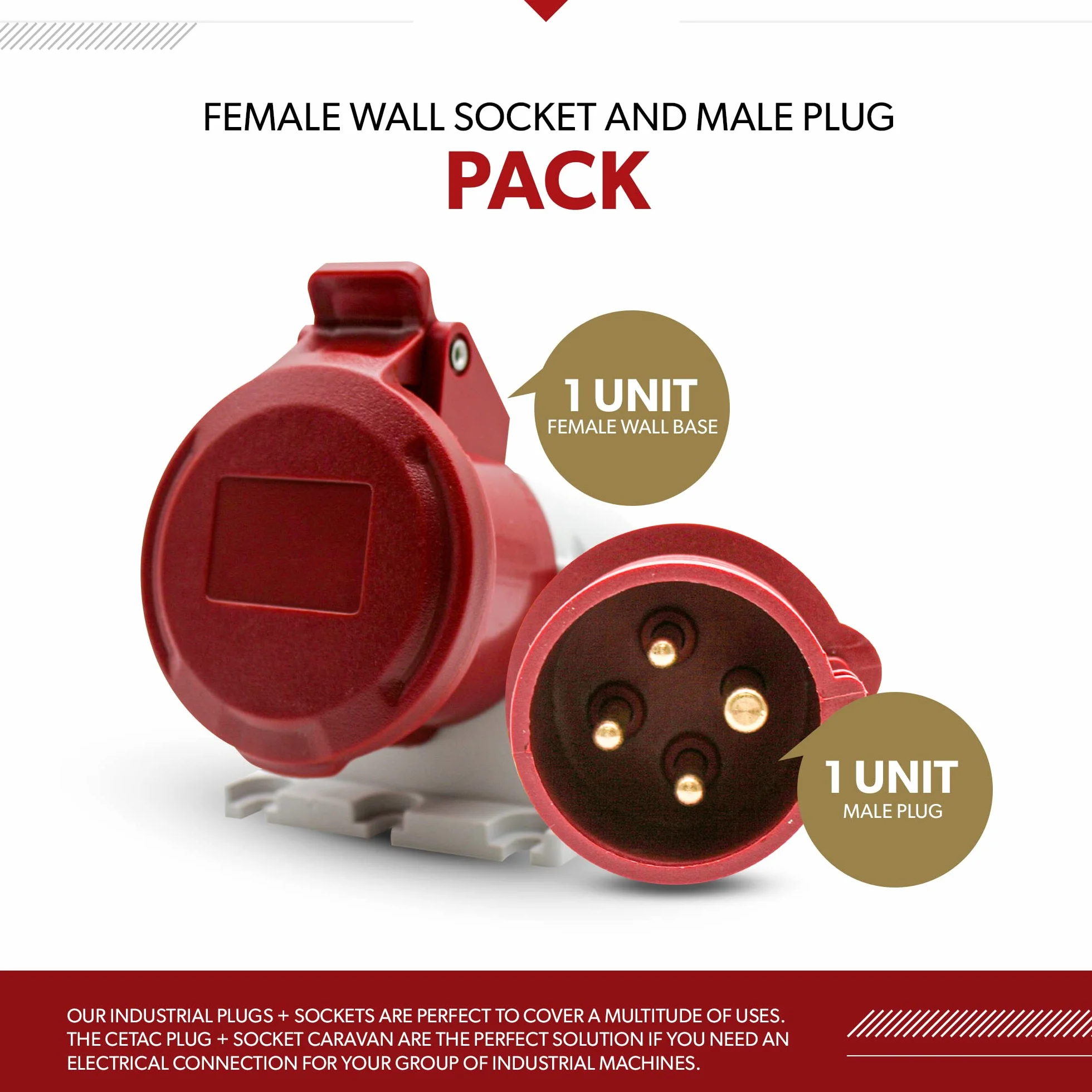 DOJA Industrial | PACK BASE PARED HEMBRA Y ENCHUFE TRIFASICO INDUSTRIAL 380 MACHO | 32A - 3P+T (4 Polos) | Base Mural Cetac Hembra + Toma Corriente de 4 Pines | Enchufe Caravana, Conector Camping