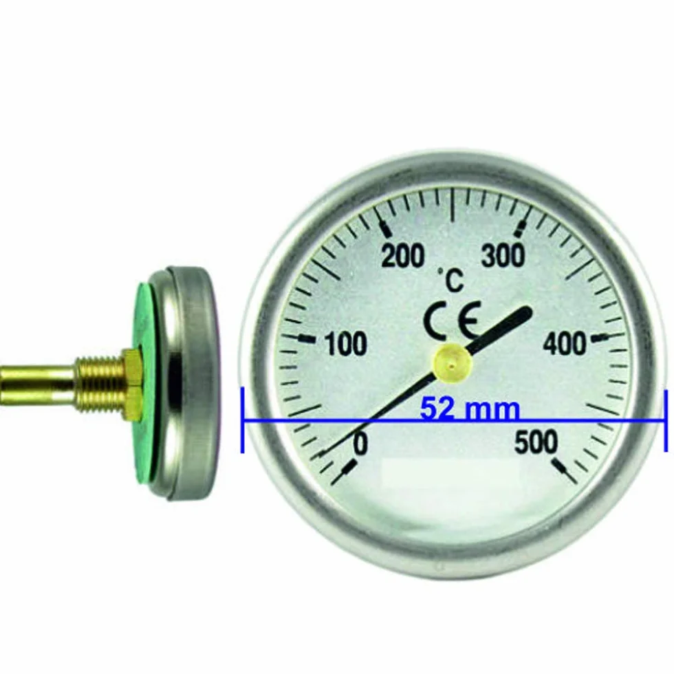 Termómetro para Puertas de Horno de leña, Escala de 0 a 500ºC, diámetro Esfera 52 mm, Vaina de 30 mm