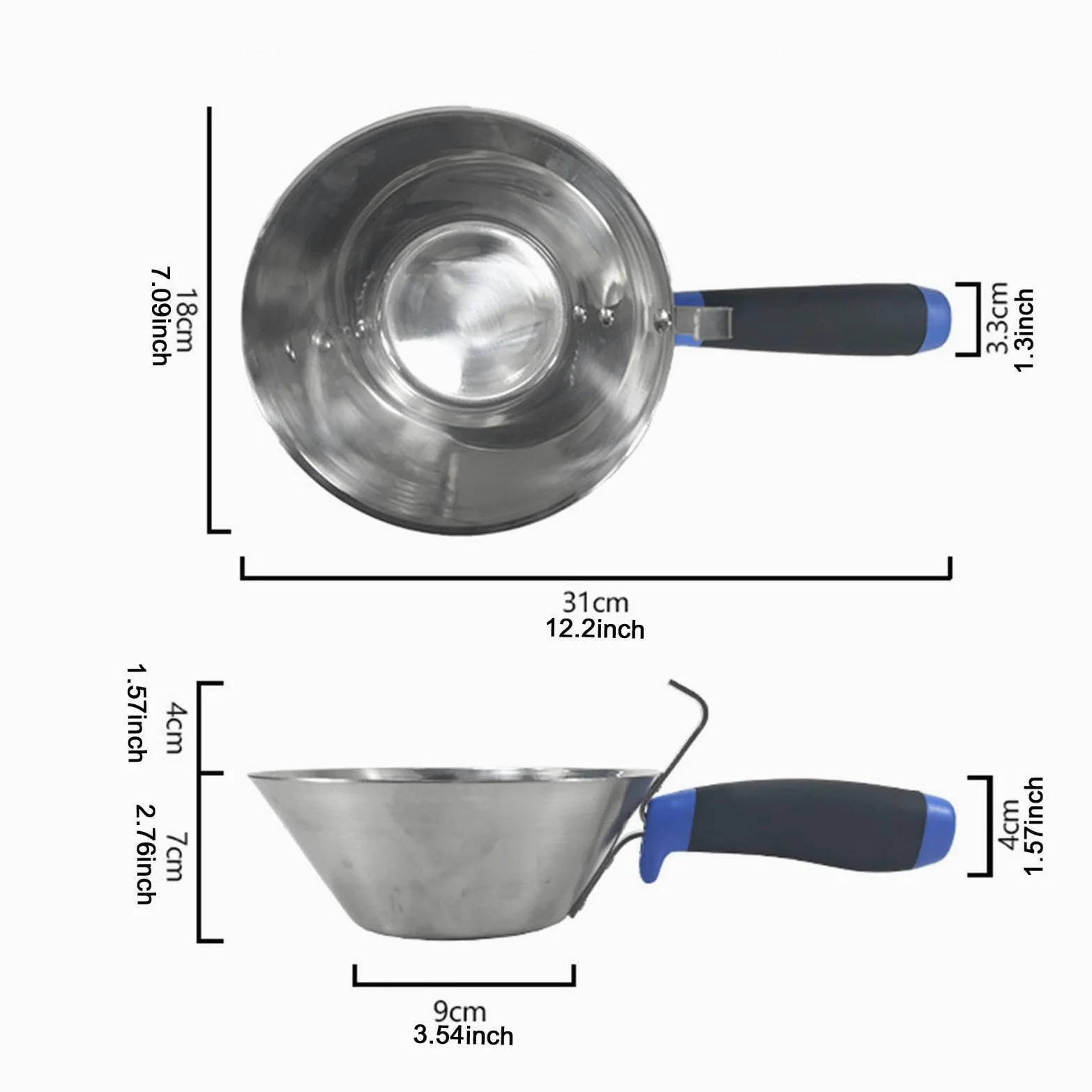 Milageto Cubo de acero inoxidable con pala, resistente, mango cómodo, herramienta para enlucido, bandeja para barro para proyectos de bricolaje de albañilería