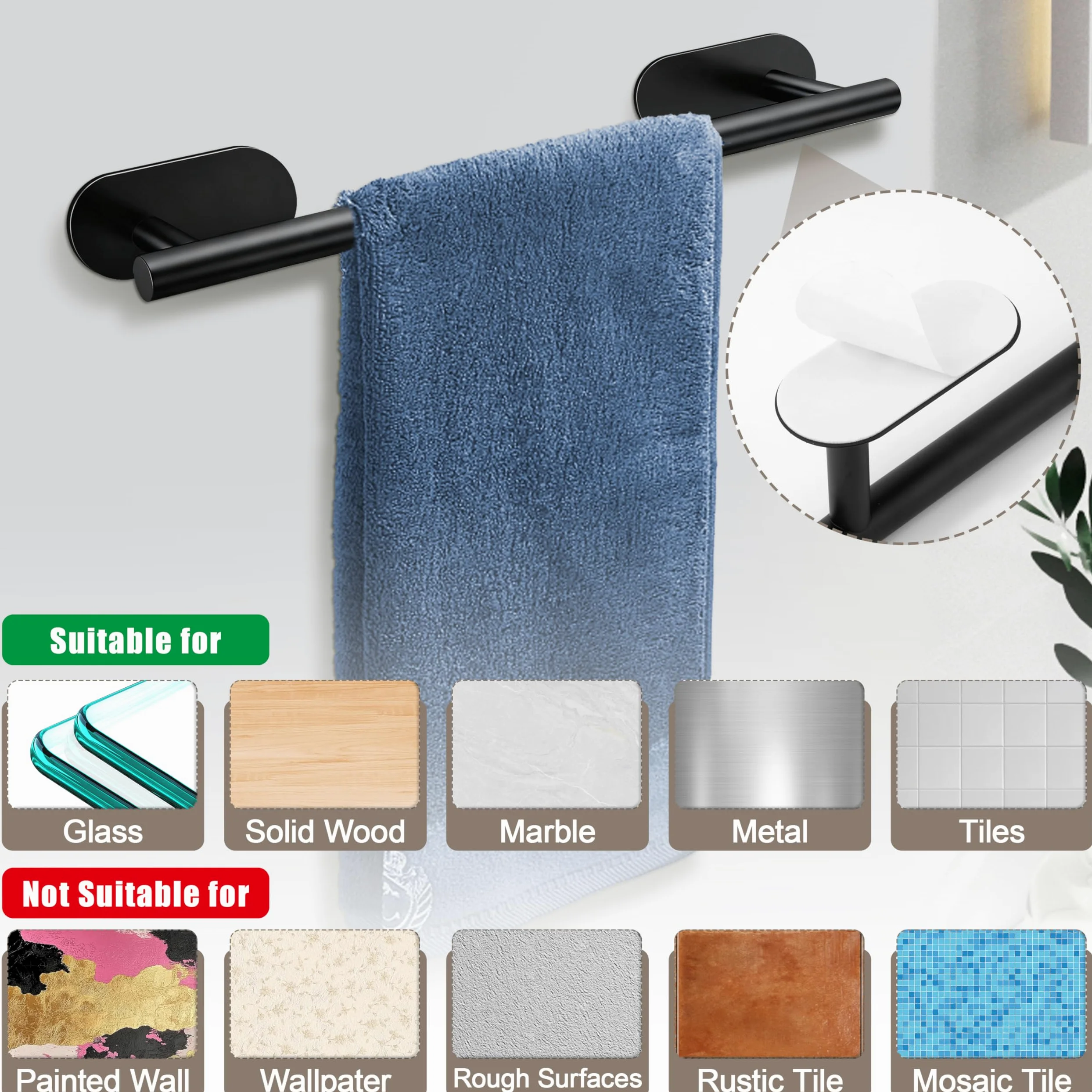 Toalleros de Baño Sin Taladro 8PCS Juego de Herrajes de Baño de Acero Inoxidable Gancho para Toallas Portarrollos para Papel para Baño y Cocina (Negro)