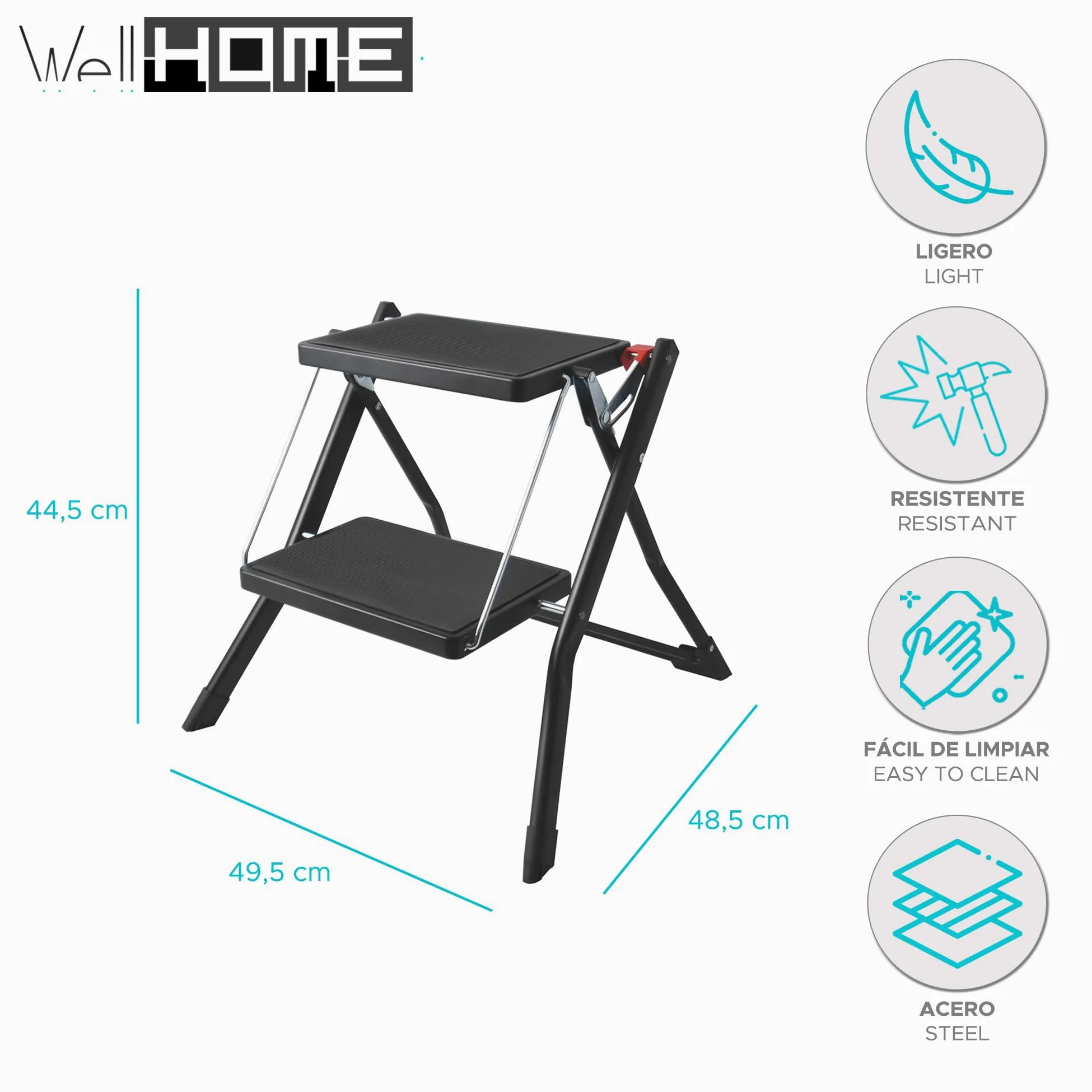 Well Home Escalera Plegable de 2 Peldaños en Acero de Color Negro, Antideslizante y Ligera