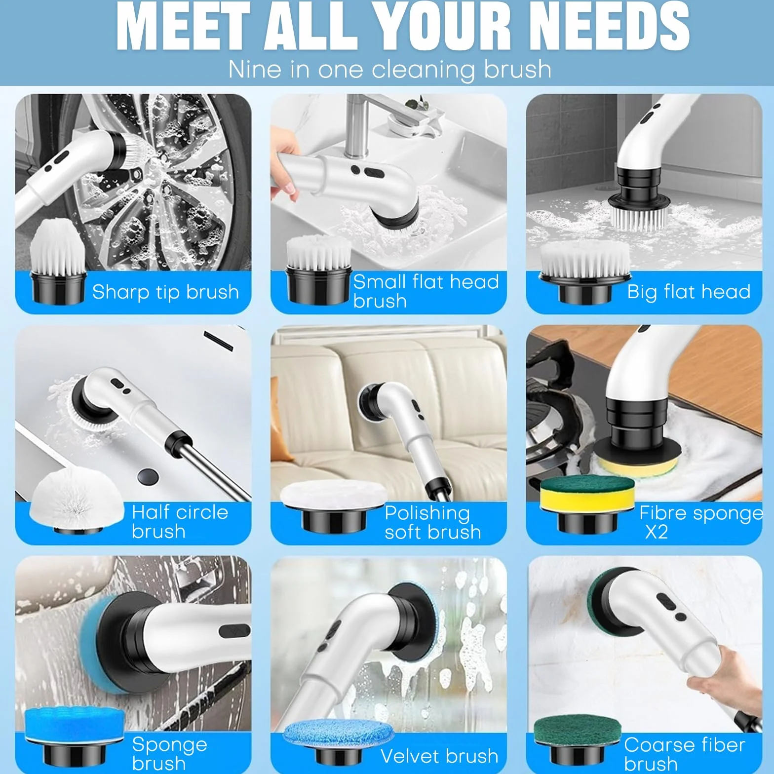 Cepillo Electrico Limpieza Hogar con 10 Cabezales Intercambiables, 3 Velocidades Ajustables 350-450 RPM/min, IPX7 Impermeable, con 140cm Mango Ajustable para baño, Cocina, Coche