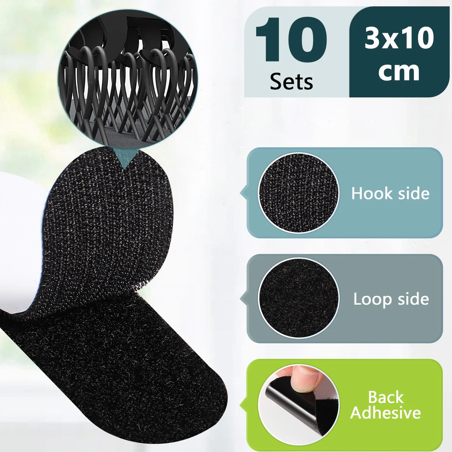 Blendura Adhesivo Doble Cara Fuerte, 10 Pares 10x3cm Adhesivo Doble cara, 10 Hook and 10 Loop, Reutilizable Nylon Doble Cinta Cara Extra Fuerte para Hogar y Oficina