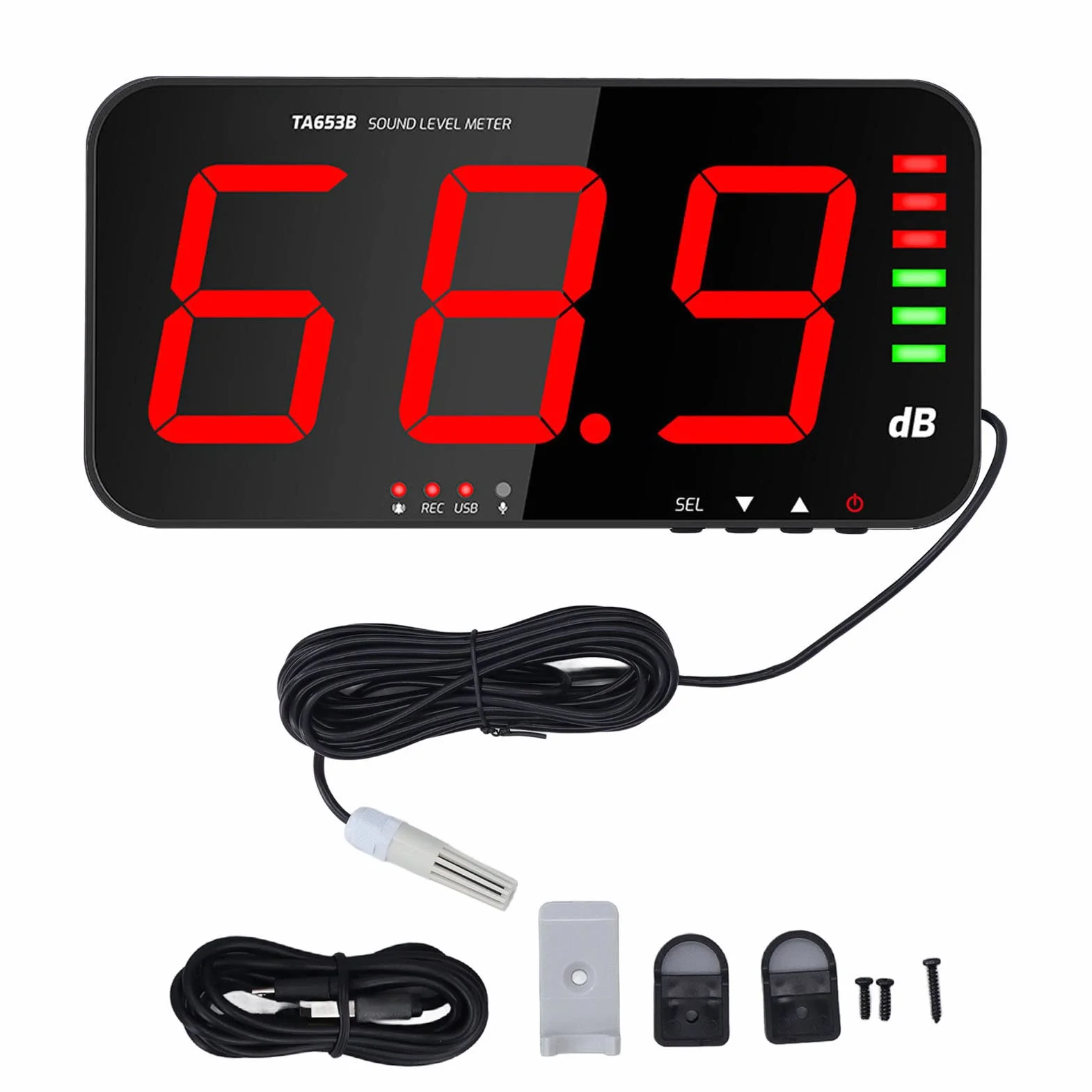 30dB-130dB DC5V 1A Medidor de Decibelios Micro USB TA654B Pantalla de 13 Pulgadas Pantalla de 3 Dígitos Medidor de Nivel de Sonido Colgador de Pared Lector de Decibelios Digital