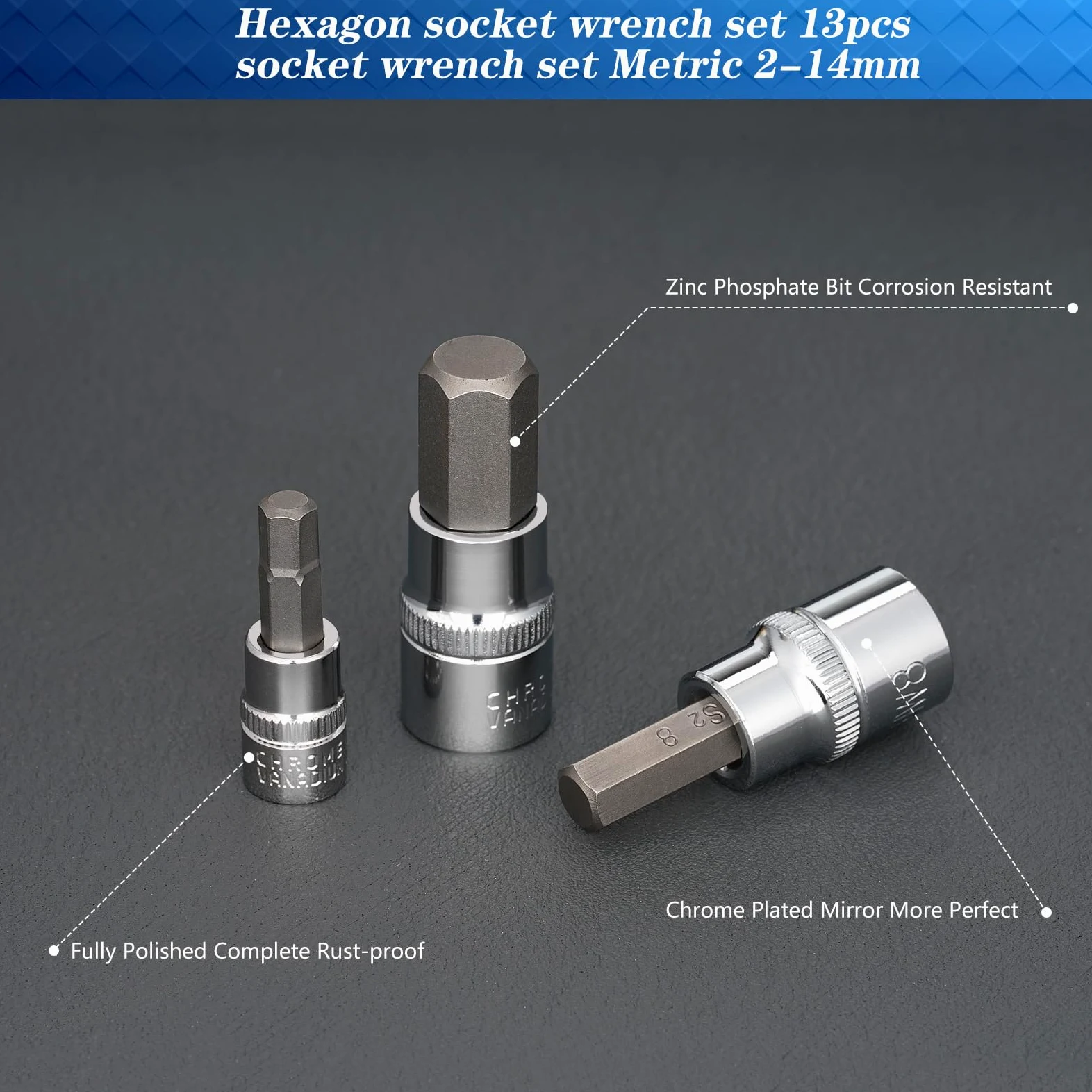 Juego de Llaves de Vaso Hexagonales,13pcs Llaves de Vaso en acero de aleación S2, Llave Allen Puntas Hexagonales, con Adaptadores de Vaso 1/2" 3/8" 1/4", para llave Dinamométrica y Talatro