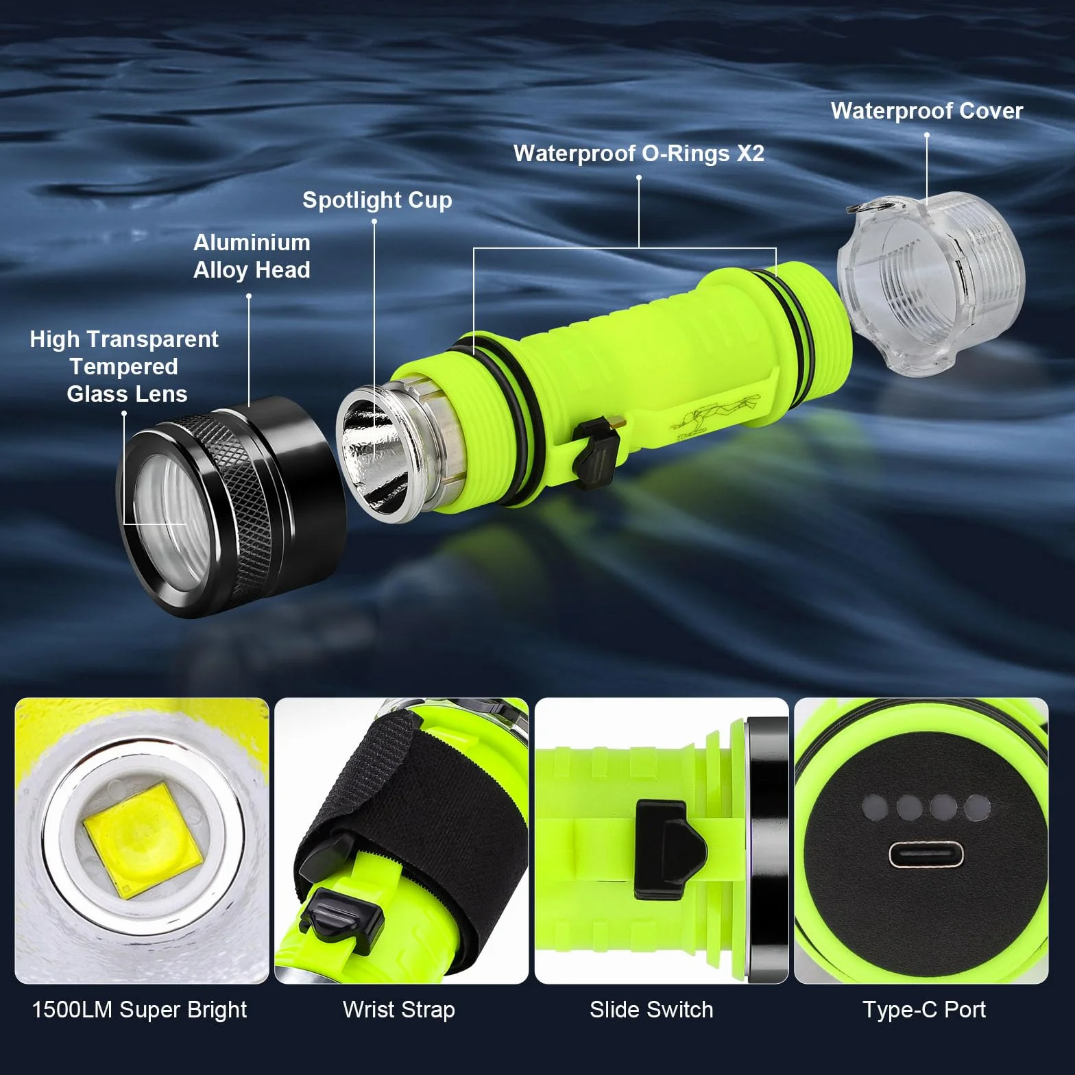 LED Linterna de Buceo, 1500 lúmenes luz LED de Buceo Recargable, IPX8 Impermeable, Sumergible hasta 80 Metros a Prueba de Agua, 3 Modos para Natación, Senderismo de Noche, Pesca, Acampada
