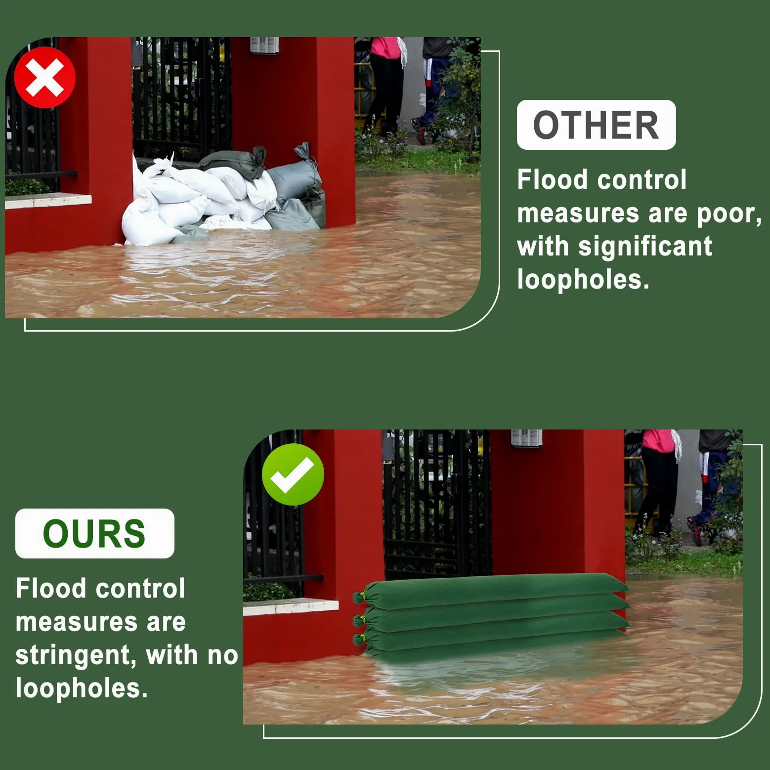 POFIBO Barrera Anti Inundaciones, 5 Sacos de Arena de Lona Gruesa Reutilizables, Apto para Garajes, Puertas, Sótanos, Ventanas, Anti Inundaciones (215 x 19 cm, Verde)