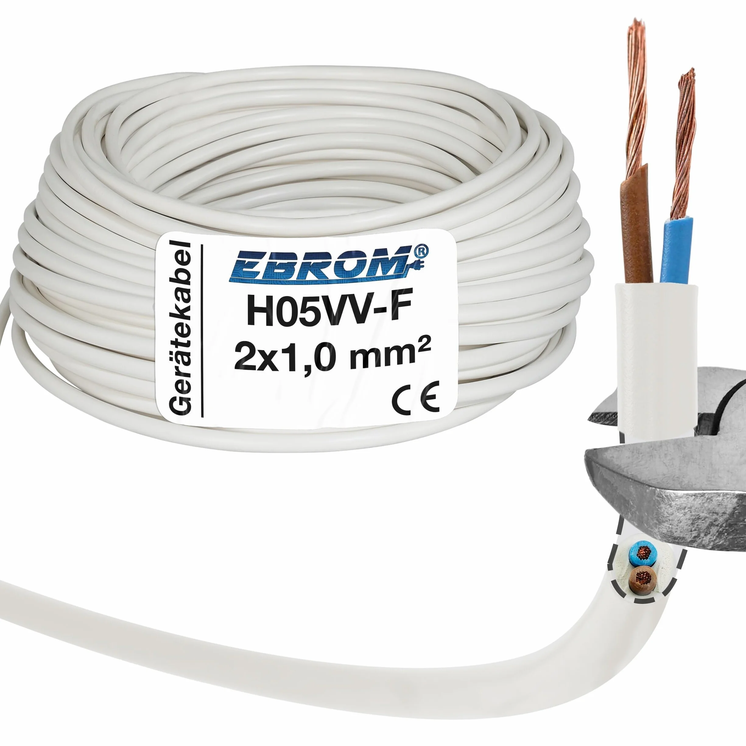 H05 VV-F - Tubo flexible (2 x 1 mm², 25 m), color blanco