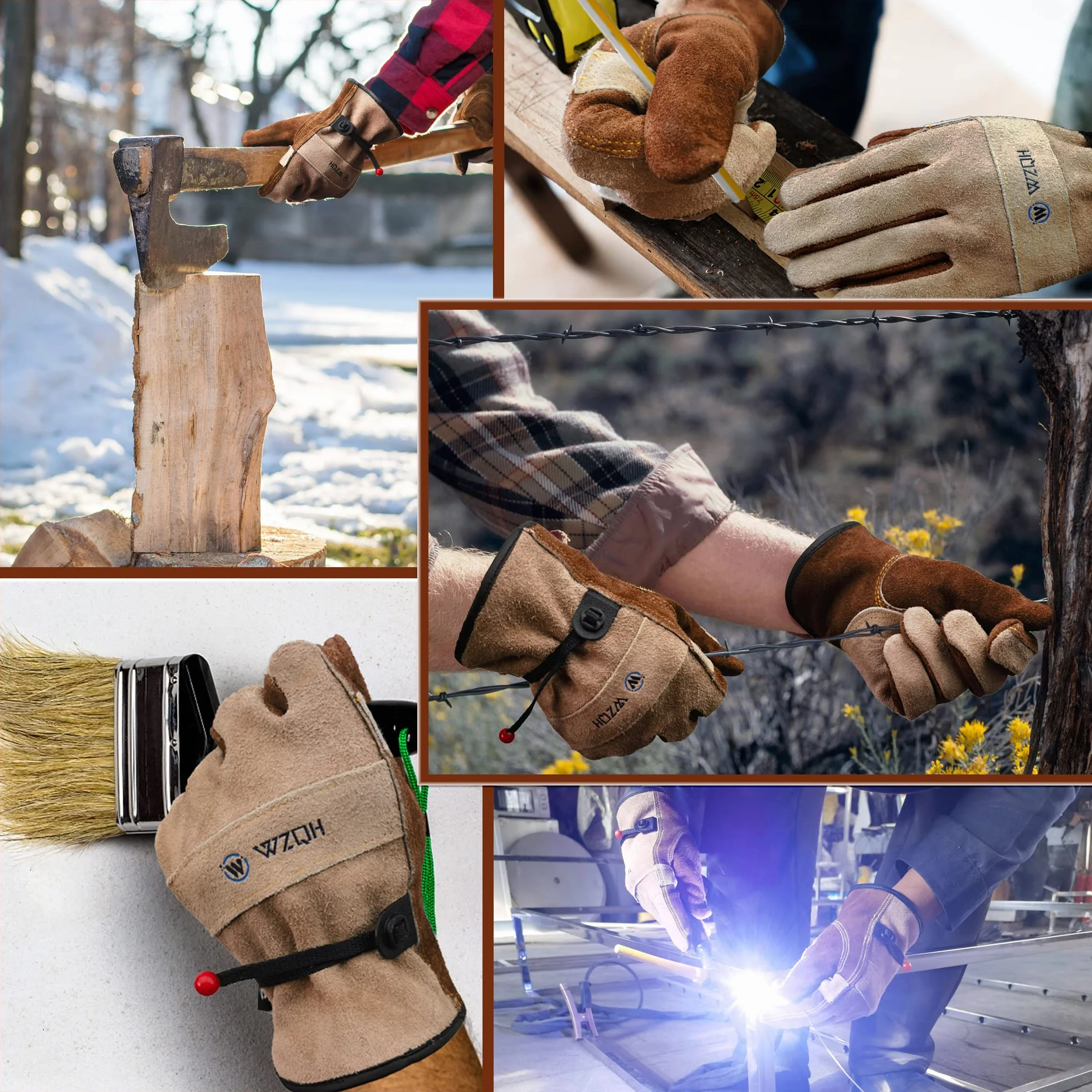 Guantes de Trabajo de Cuero Piel de Vaca Café Gris M para Jardinería Soldadura Construcción