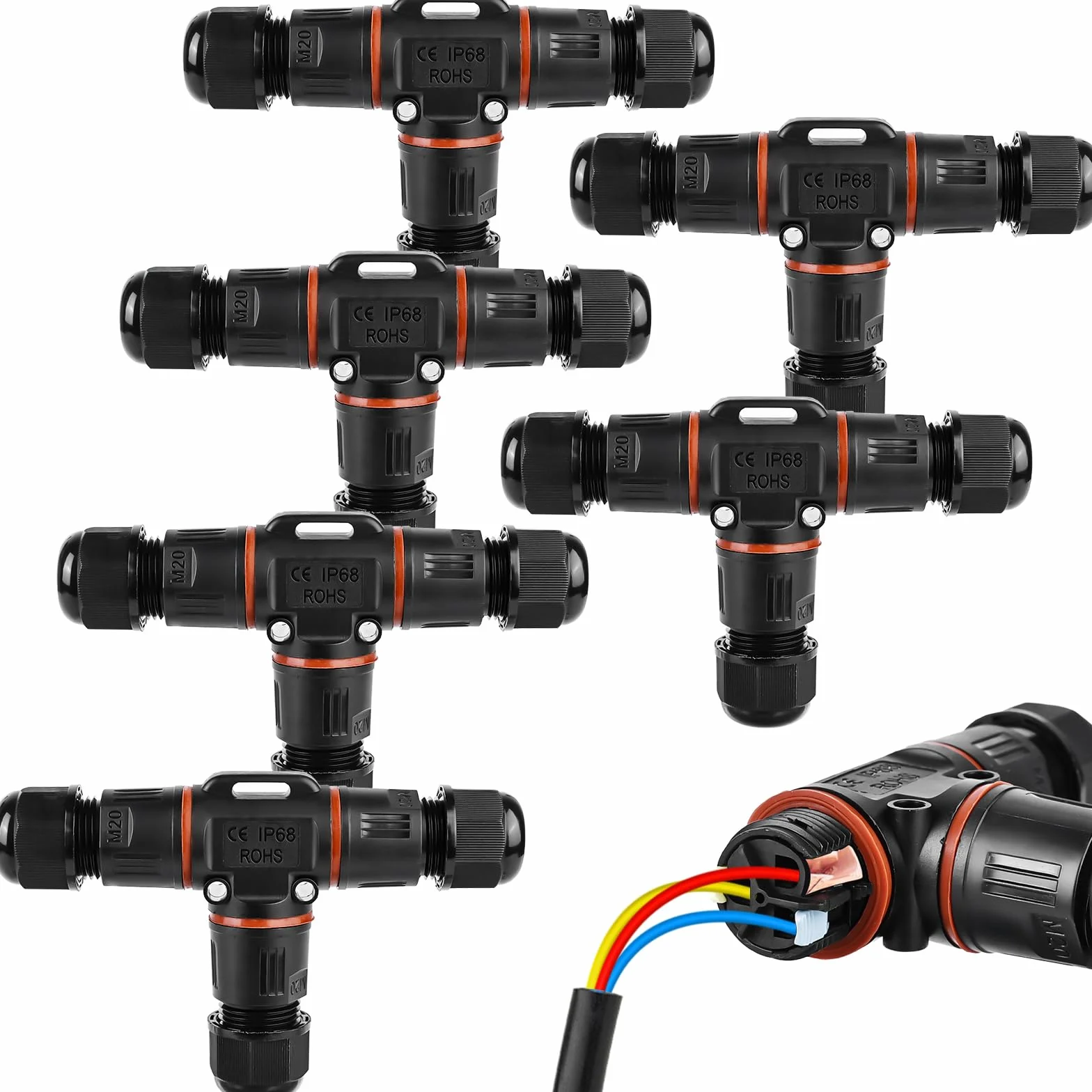 6 conectores de cable de 3 polos, resistentes al agua IP68, conector de cable en forma de T, resistente al agua de 3 pines, manguito de conexión para cable de 3 a 12 mm de diámetro, caja de derivación