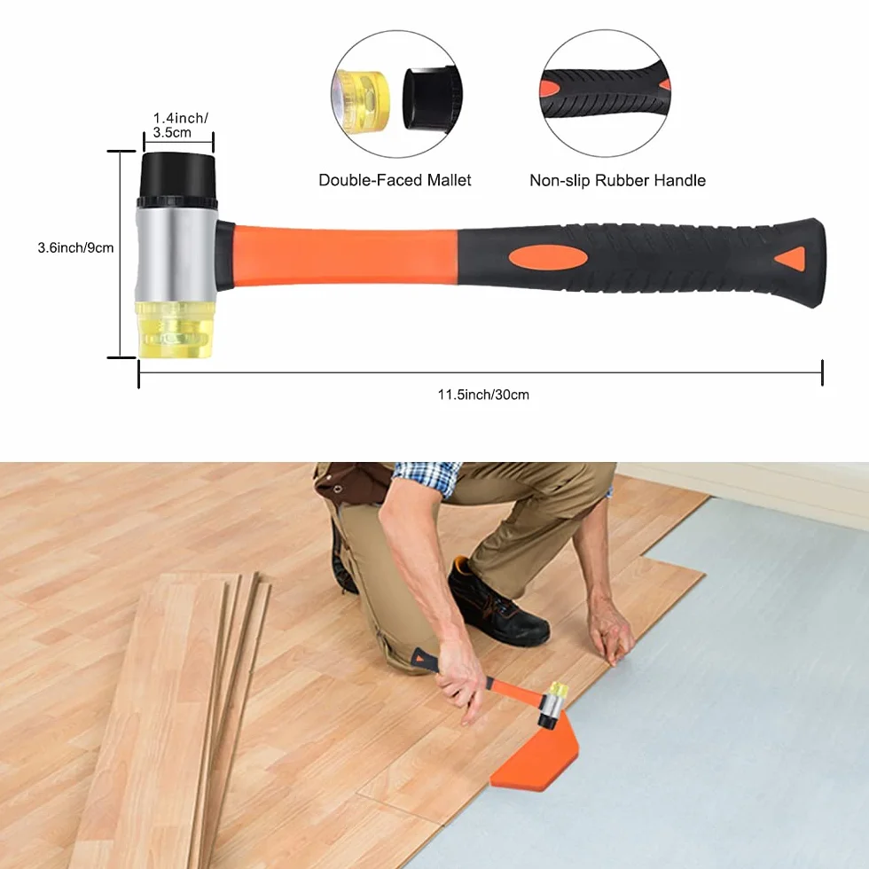 Kit de instalación de suelos de madera laminada con 40 espaciadores, mazo de doble cabeza, bloque de roscado y barra de tracción (naranja)