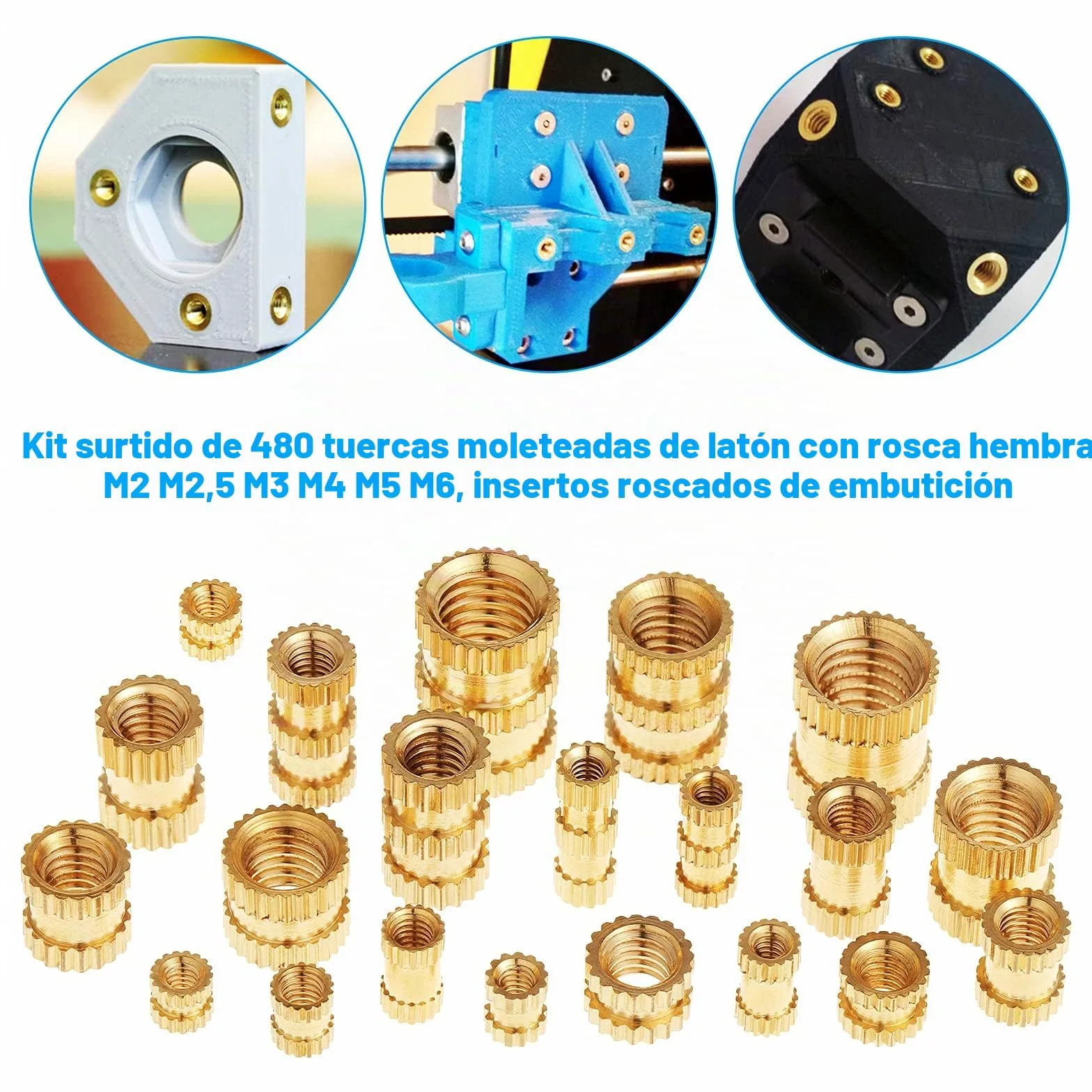 Gueenky 480 Piezas Tuercas Moleteadas de Latón, M2 M2,5 M3 M4 M5 M6 Tuercas de Inserción Insertos Roscados, 20 Tamaños Tuercas de Incrustación para Moldeo por Calor o Ultrasonido en Impresora 3D