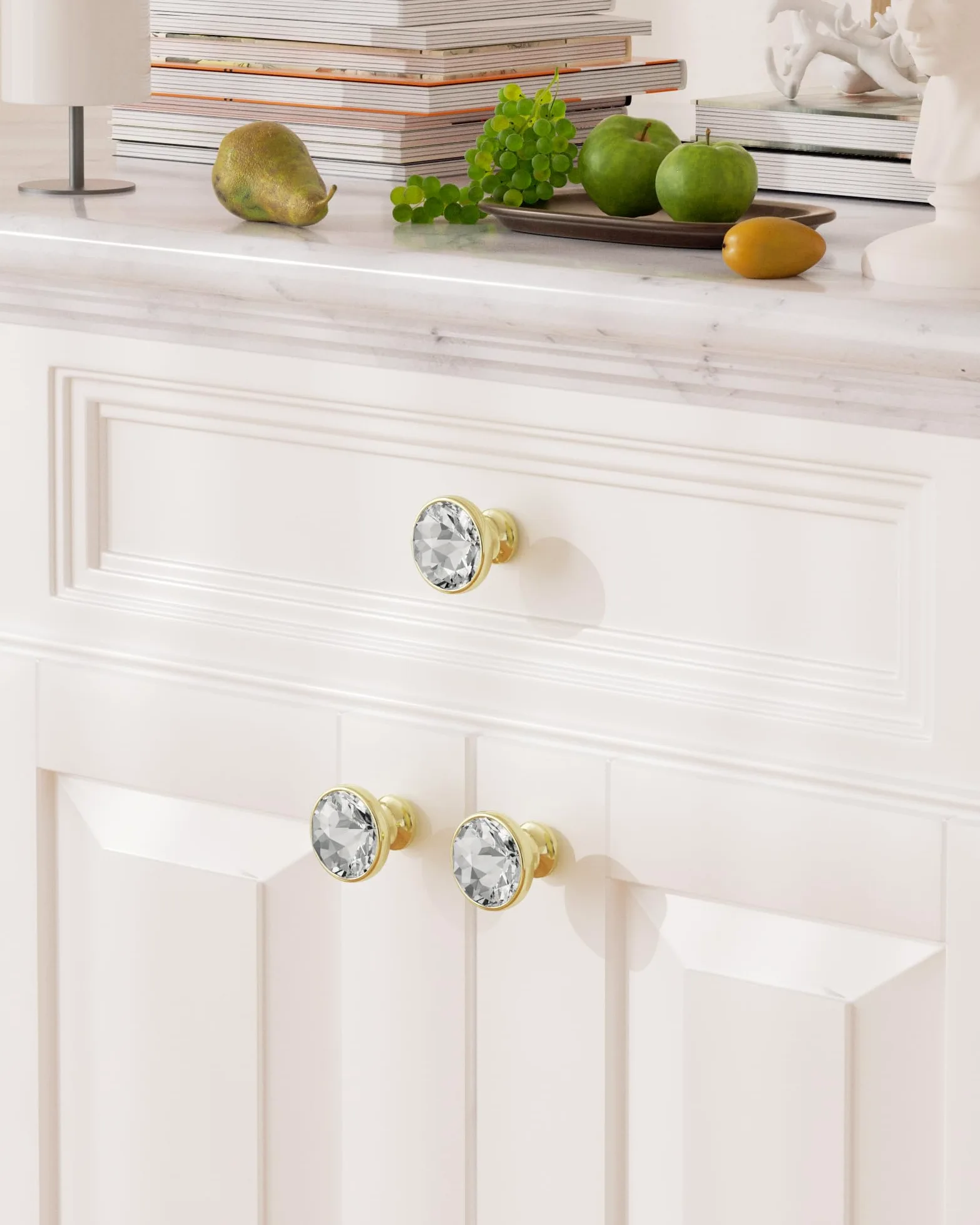 FURNIWARE - 10 piezas de pomos de gabinete de cristal con 2 tamaños de tornillos, tiradores de cajón de 34,2 mm, elegante oro diamante, orificio único transparente para armarios de cocina, cómoda