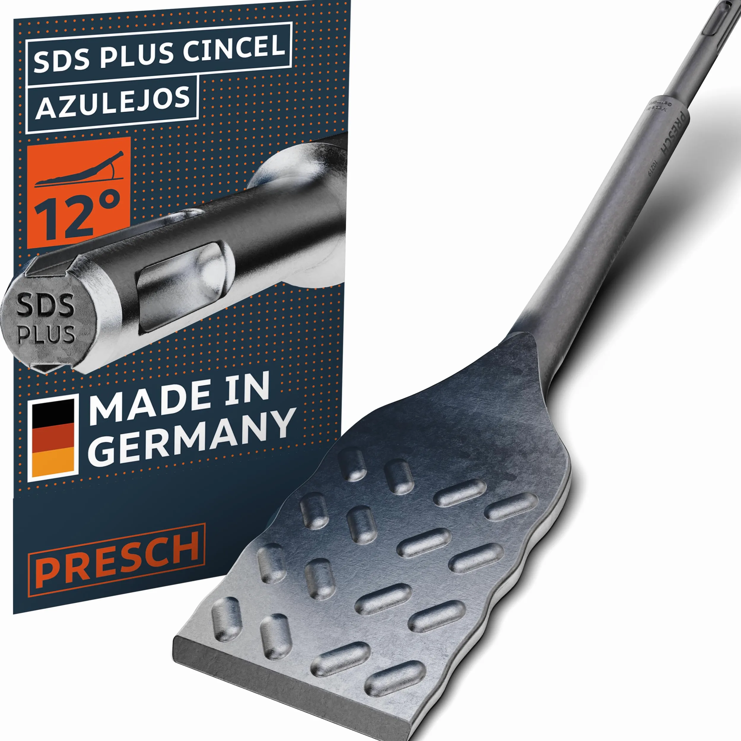 PRESCH SDS plus Cincel Azulejos - Extra largo (250mm) - Bord de corte extremadamente duradero (50mm ancho) - Acodado para facilitar la extracción de azulejos - Acero de alto rendimiento