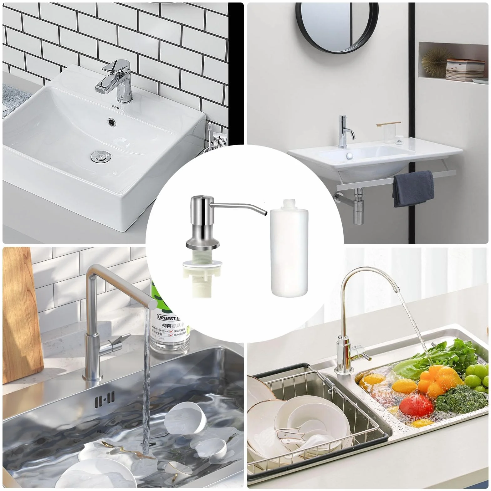 Dispensador de jabón para fregadero de cocina, dispensador de jabón de acero inoxidable, dispensador de jabón líquido, botella de jabón de 350 ml/500 ml, rotación de 360 grados, herramientas de