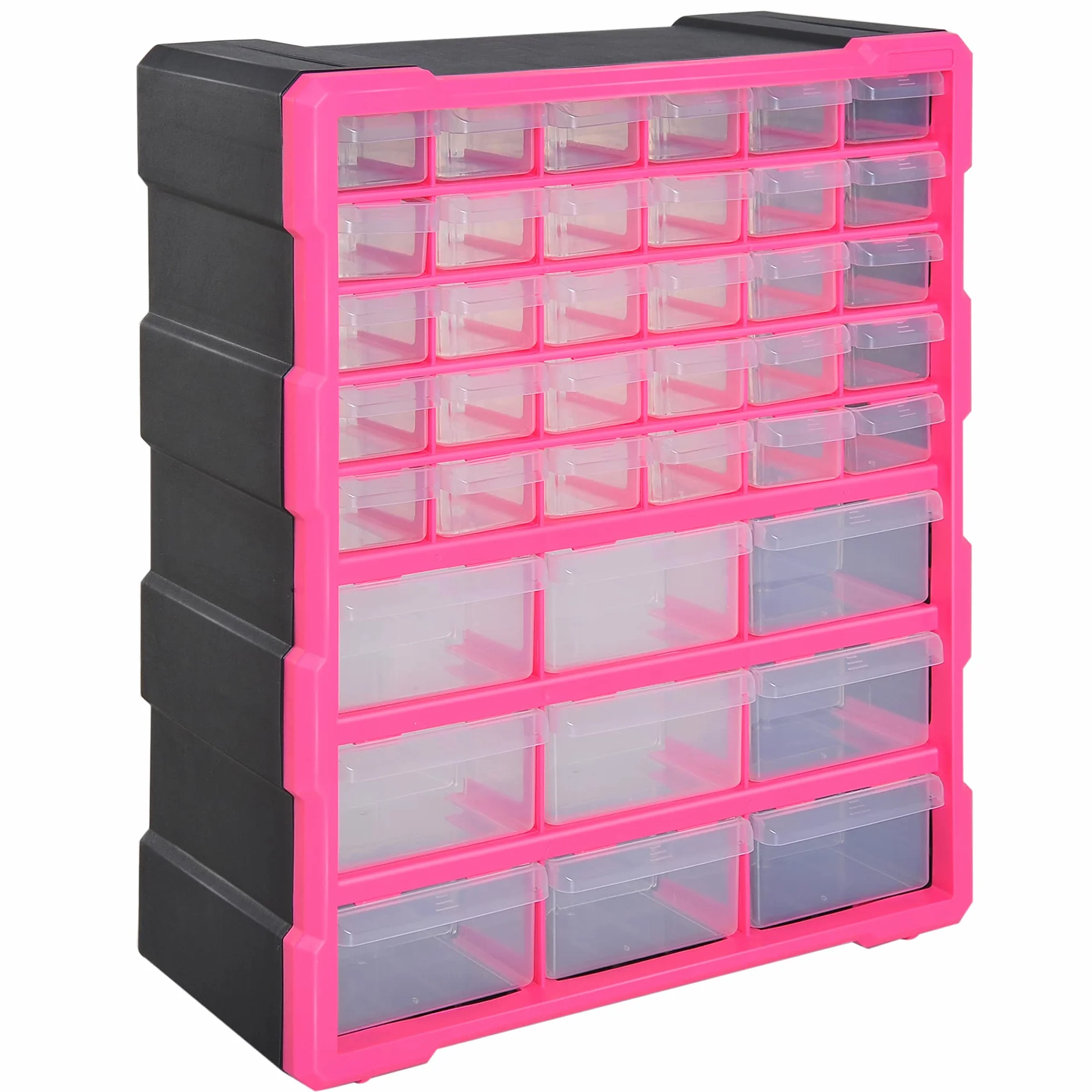 DURHAND Cajonera de plástico con 39 cajones transparentes, montaje en pared o en el suelo, 38 x 16 x 47,5 cm, rosa