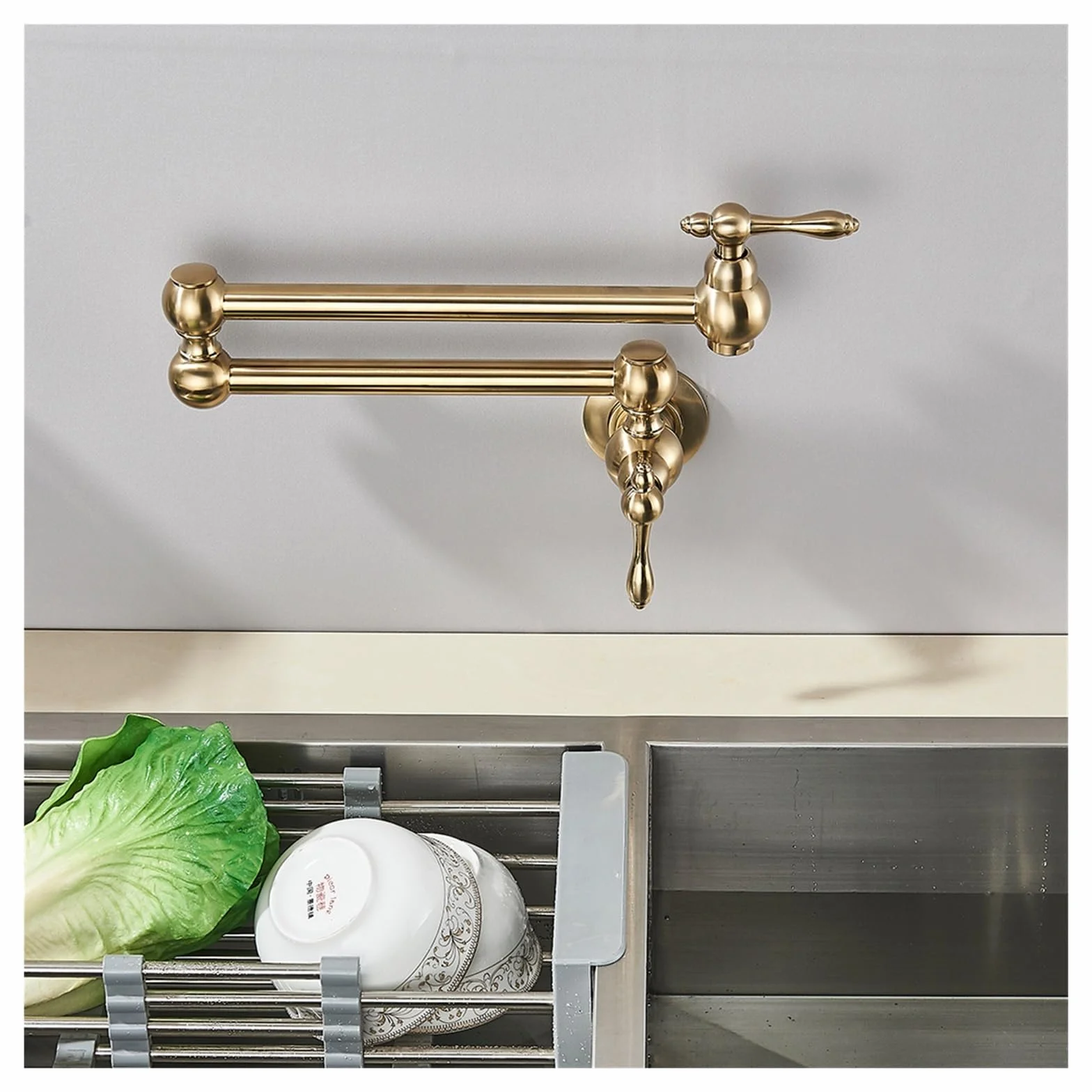 Grifo de llenado de ollas de latón dorado cepillado, grifo de cocina de agua fría montado en pared, caño plegable giratorio