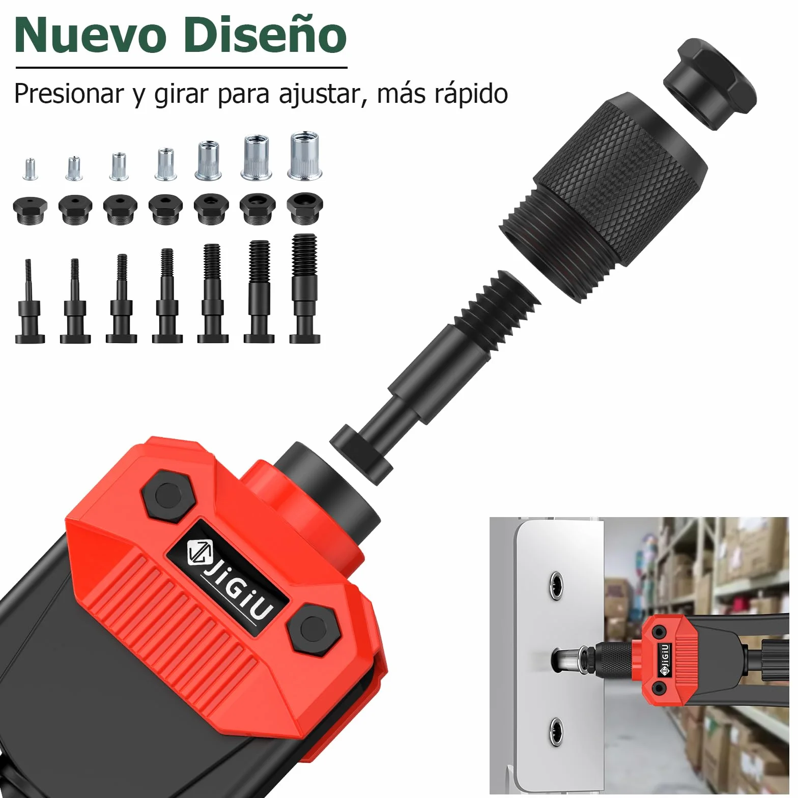 JiGiU 13'' Remachadora de Tuercas con 110 Tuercas M3 M4 M5 M6 M8 M10 M12 Juego de Alicates para Remachar 7 Mandriles Intercambiables para Automoción, Componentes Metálicos, Construcción