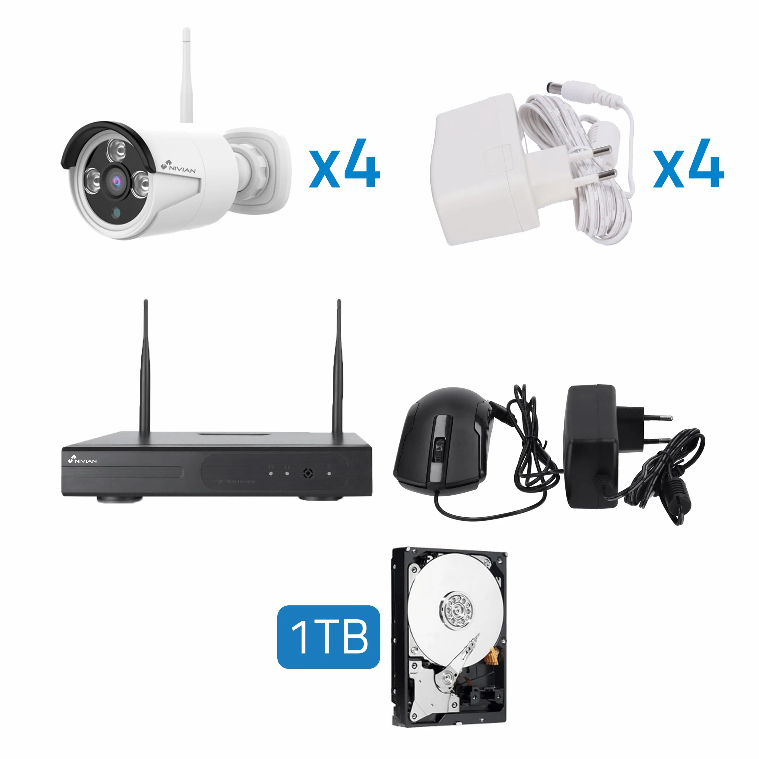 Nivian Kit de Cámaras de Vigilancia WiFi 2K con Grabador 10CH y 4 Cámaras Exterior Impermeables IP66,Visión Nocturna, Detección de Movimiento, Fácil Instalación Sin Cables, Notificaciones en App