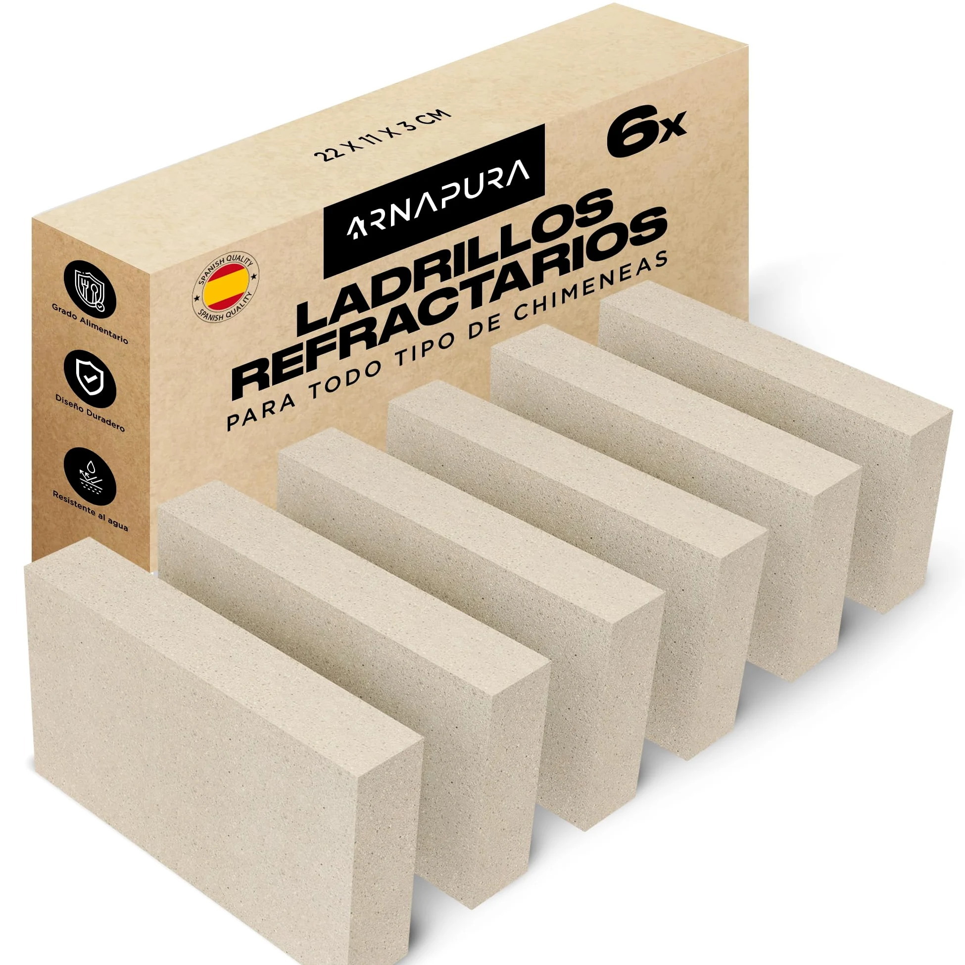 Pack 6 Ladrillos Refractarios 22 x 11 x 3 cm | Fabricados con Arcilla Refractaria | Ladrillo Refractario perfecto para Chimeneas, Hornos y Barbacoas