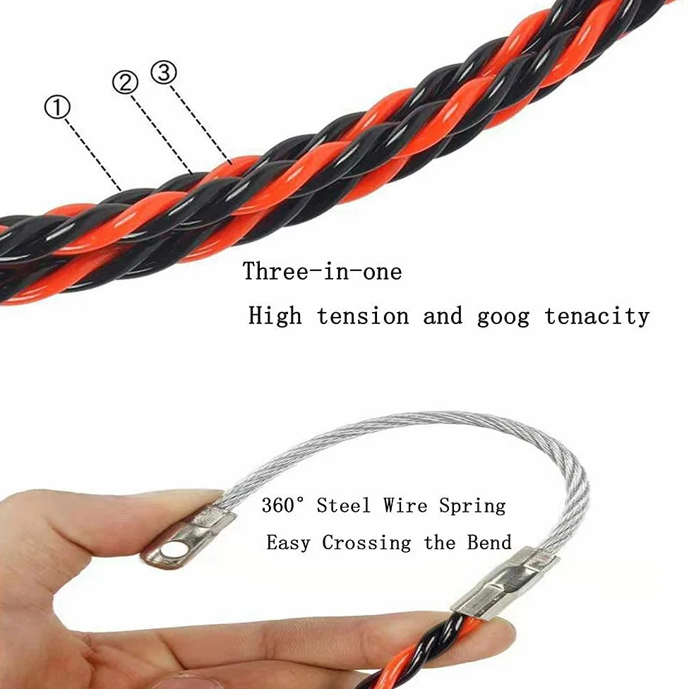 25m Guía pasacables, Kit de Enhebrado de Cables, Cinta de Pescado, Color Rojo y Negro, Tamaño 6 mm x 25 m