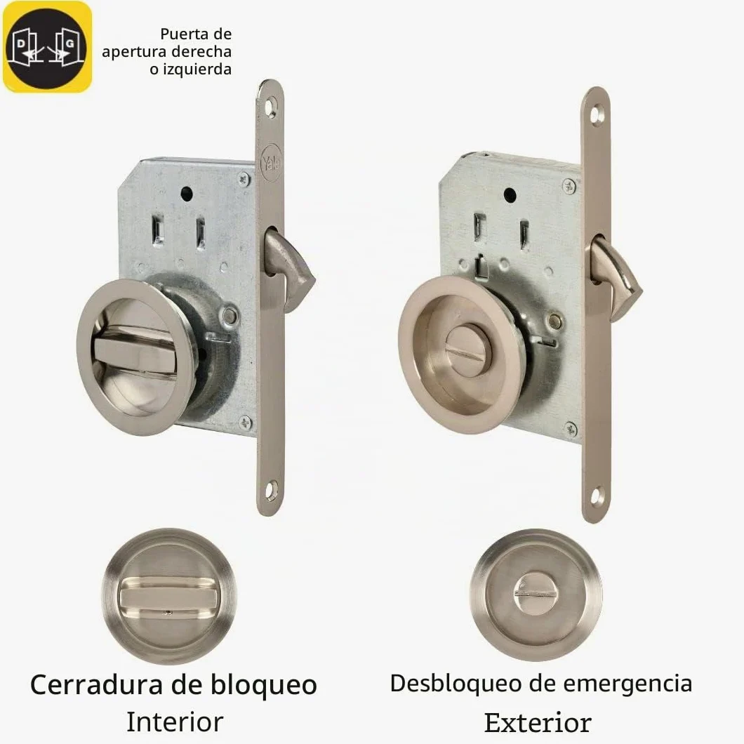 Kit de cerradura Yale para puerta corredera - Cerradura de cierre y manijas de taza redondas empotrables - Ø interior de las manijas 48 mm - Acero con acabado niquelado cepillado, Incluye tirador