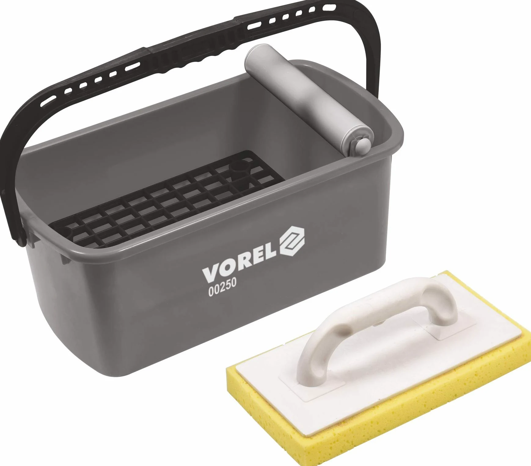 Vorel Juego de lavado de azulejos profesional de 10 litros, 4 piezas, con accesorio para rollos, tabla de lavado, cubo y rejilla, acabado estable, 23 x 42 x 19 cm