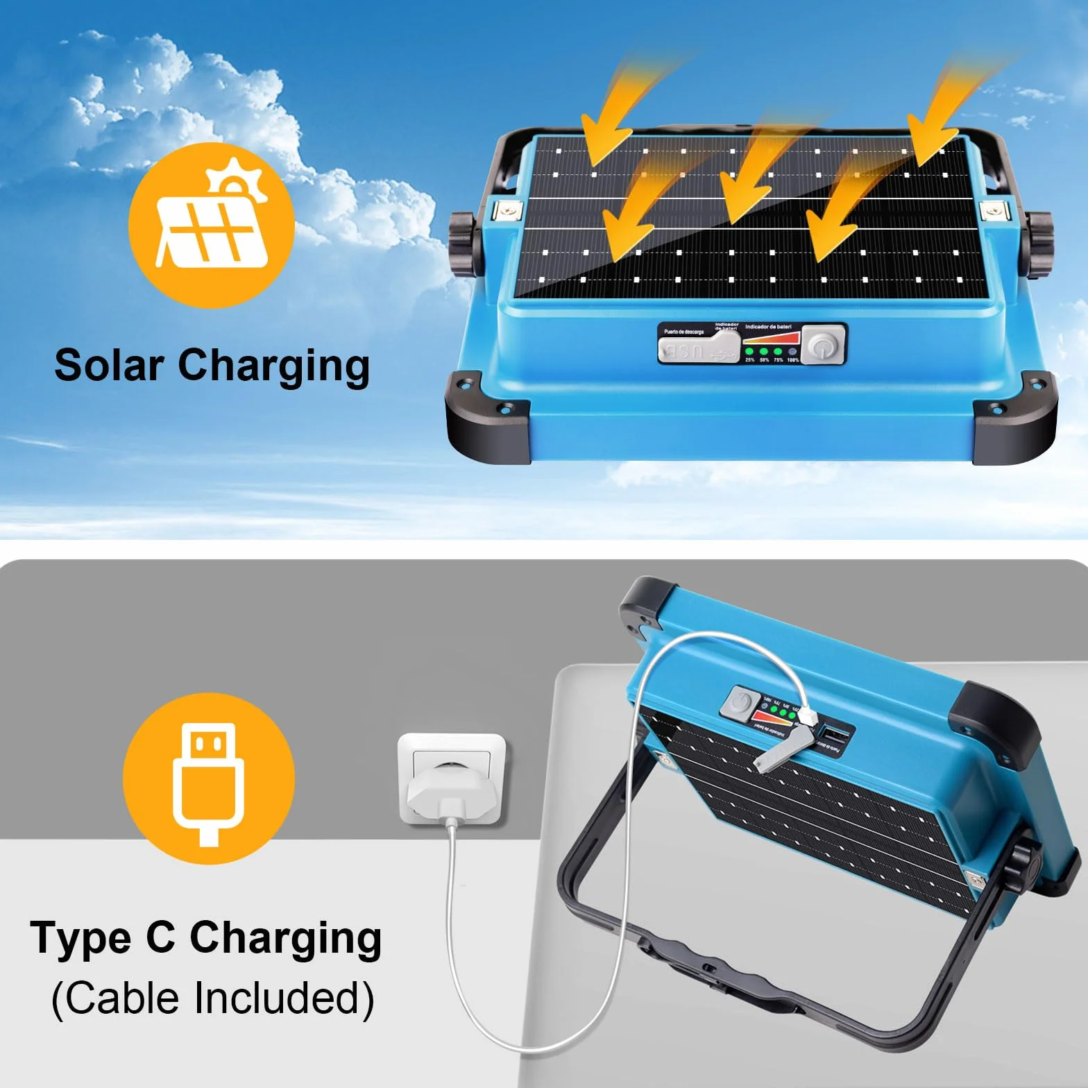 Foco LED Recargable 100W, 10000mAh/ 288 LEDs/Panel Solar/ 5 Modos de Luz/Base Magnética/Banco de Energía, Foco de Trabajo Portátil LED para Camping, Trabajo, Pesca