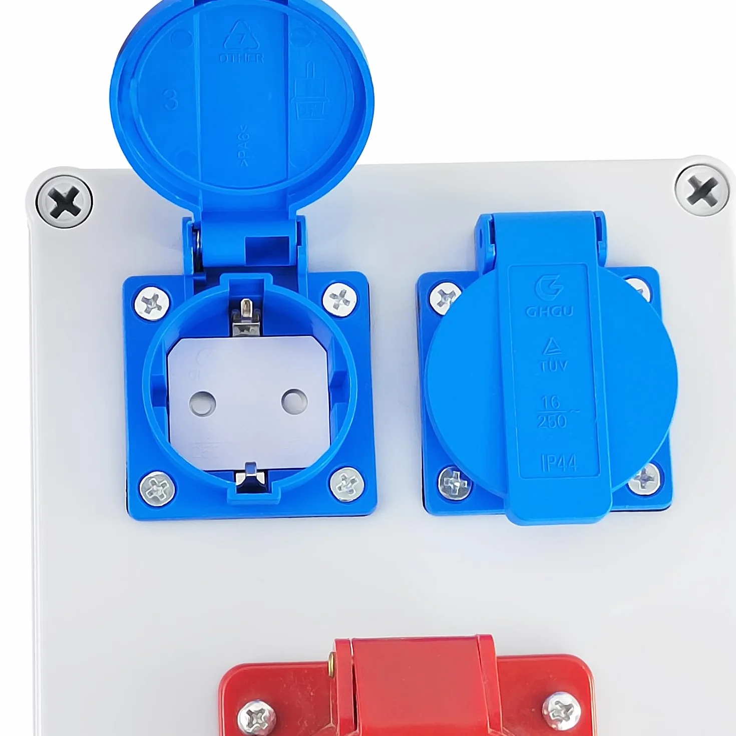 Distribuidor de Corriente 16A 5P, 220V Enchufe Pared Cuadro Electrico, Caja Eléctrica con Toma Exterior Impermeable IP44, para Interior/Exterior, Talleres y Fábricas