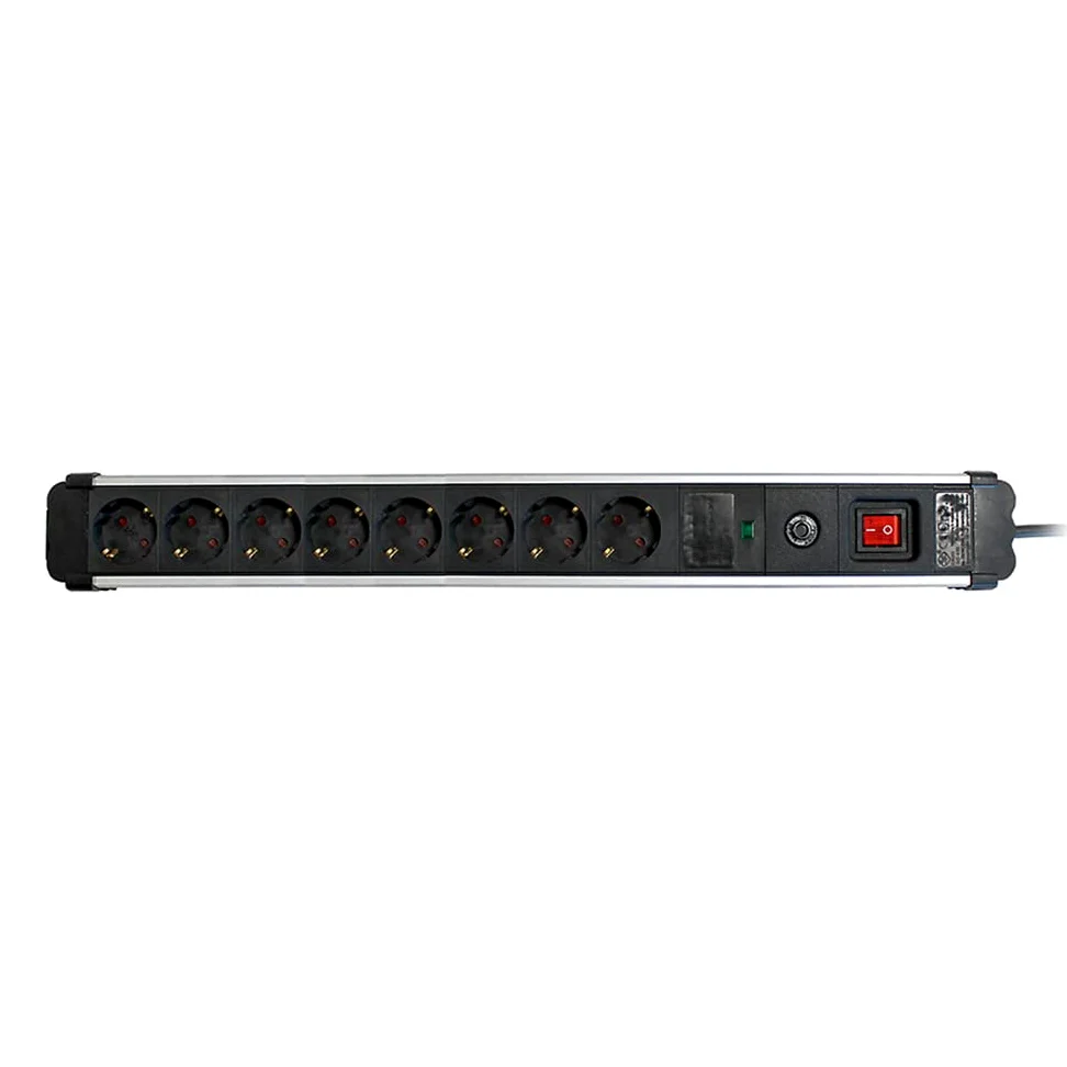 SIMON - Enchufe Múltiple Extrapower, Ladrón de Enchufes con Interruptor, 8 Tomas Schuko 16 A 250V, Protección de Sobretensiones y Cable 1,5M, Color Aluminio