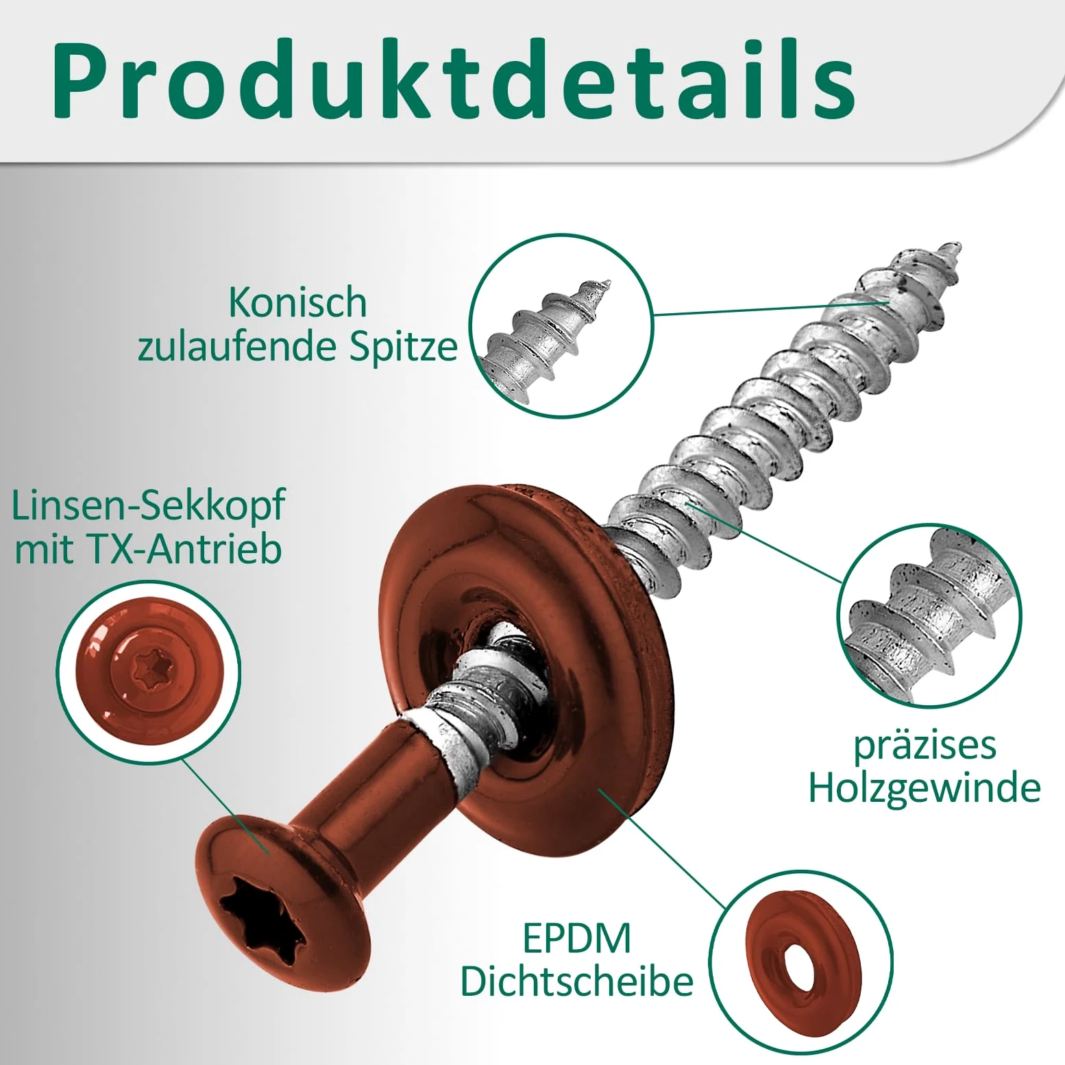 DSM Tornillos de fontanería rojo óxido 4,5 x 45 mm, acero inoxidable A2, lacado RAL 3009, con arandela de sellado EPDM (15 mm), accionamiento TX, similar a DIN 7995/DIN 9171, 100 unidades