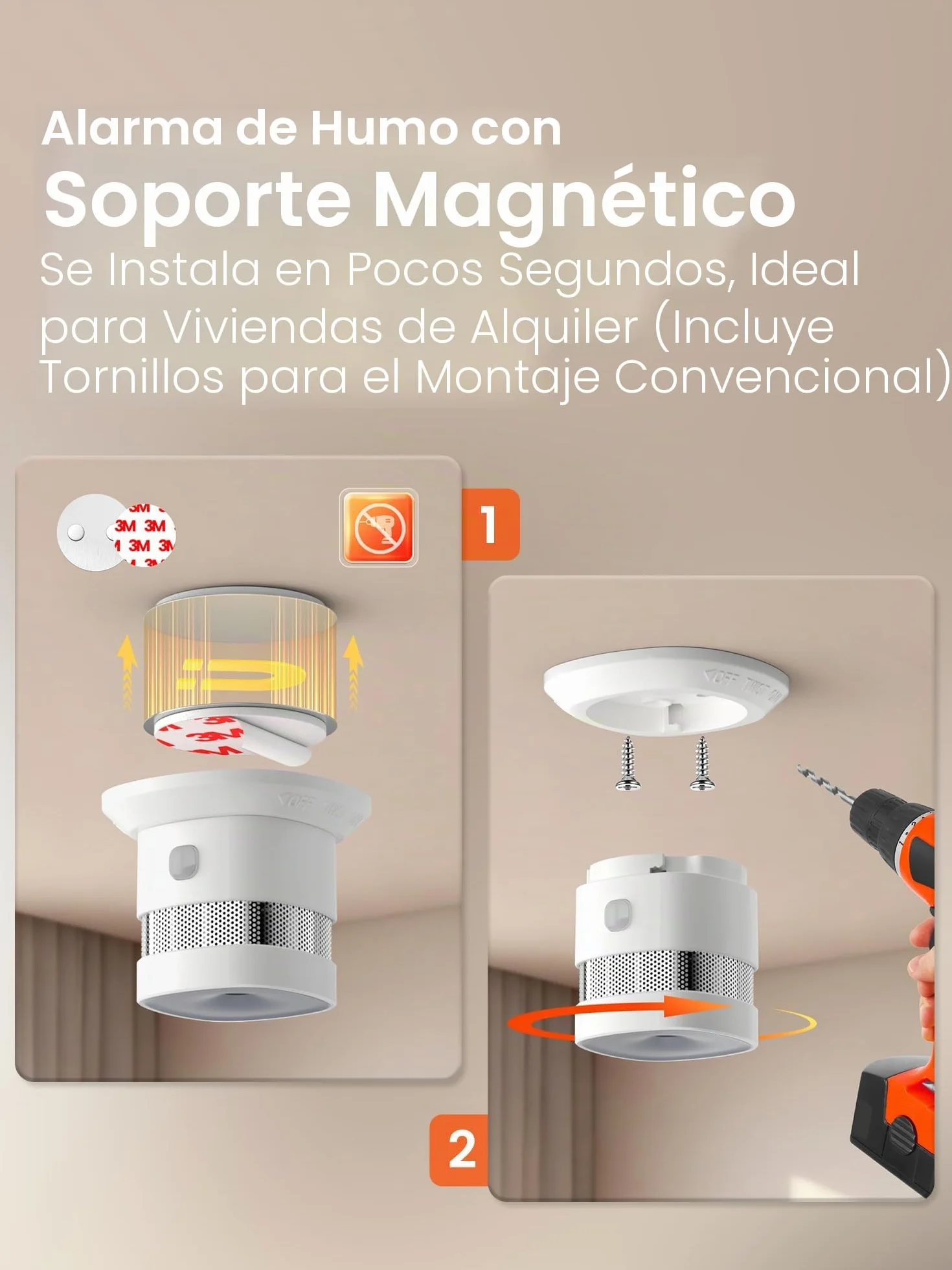 Heiman Detector de Humo Matter Over Thread con Soporte Magnético Batería Reemplazable 5 Años EN 14604 HS1SA-M